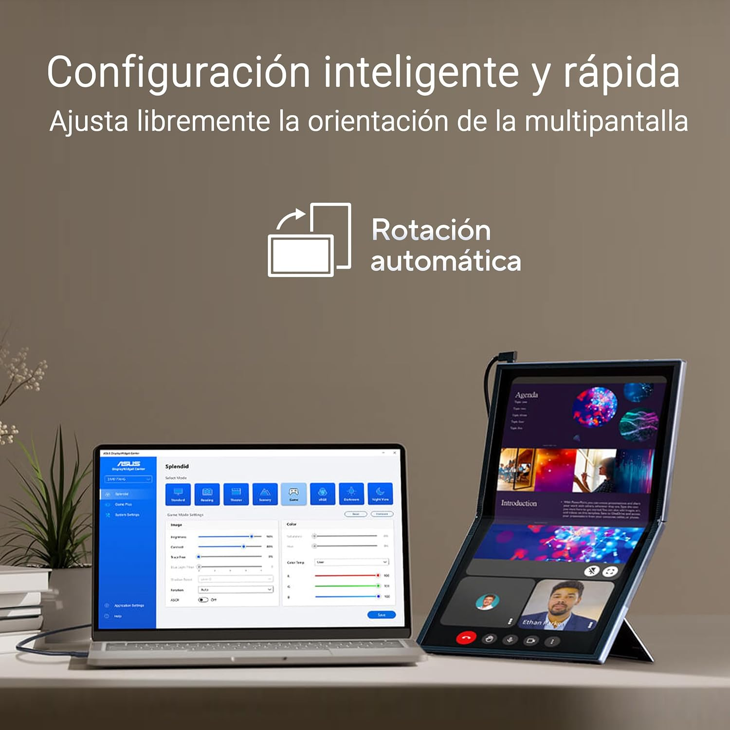 Una computadora portátil y una pantalla plegable. La pantalla muestra una videollamada, la portátil un menú de configuración ASUS.