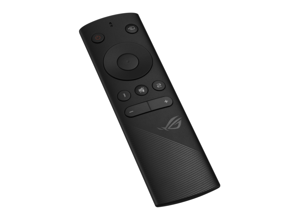 Un mando a distancia ROG negro. Tiene botones, incluyendo encendido, volumen y canales, con un agarre texturizado.