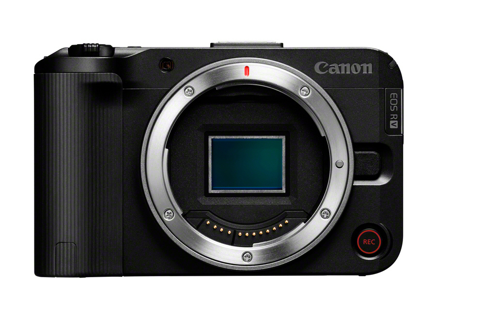Cámara Canon EOS R negra. Montura de lente plateada, botón REC. Sensor verde oscuro. Fondo blanco.