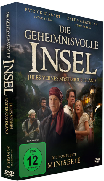 DVD-Cover: Patrick Stewart und andere auf einer mysteriösen Insel. Titel: Die Geheimnisvolle Insel. Jules Vernes Mysterious Island. Miniserie.