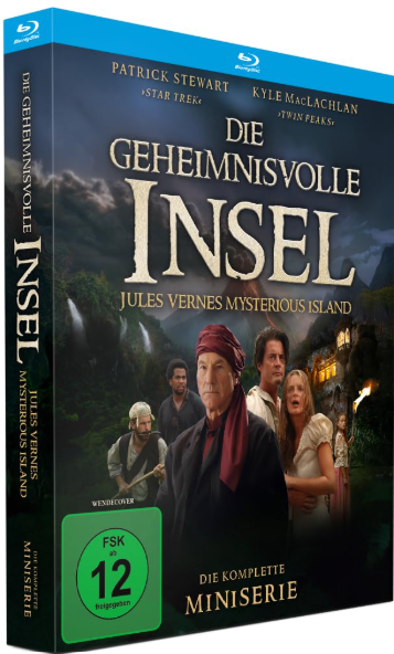 DVD-Cover: 'Die Geheimnisvolle Insel'. Patrick Stewart und andere stehen auf einer Insel im Wald. Titel in großen Buchstaben.