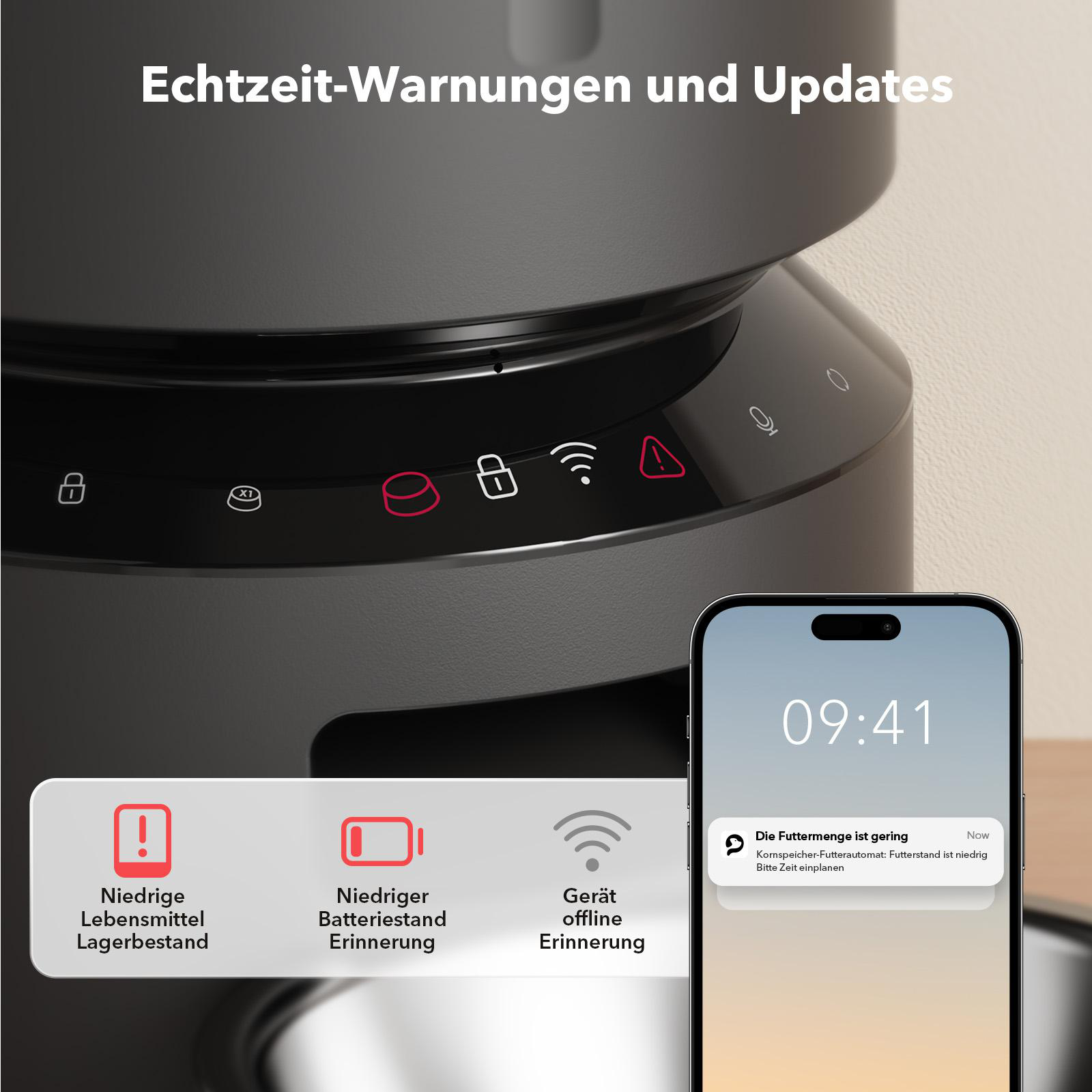 Intelligenter Futterautomat mit Benachrichtigungen auf einem Telefon. Warnungen bei niedrigem Futter, Batterie und Offline-Gerät.
