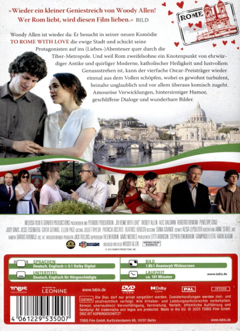 Filmcover mit Paar, Rom-Postkarte, Szenen von Schauspielern. Deutscher Text. Titel: To Rome With Love.