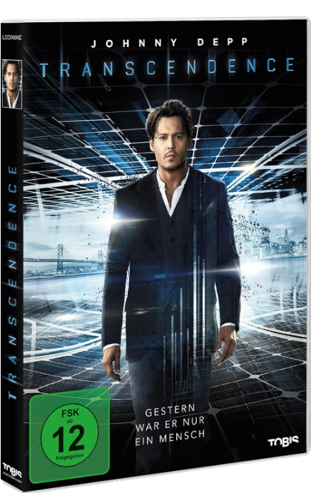 Filmcover von 'Transcendence' mit Johnny Depp. Ein Mann im Anzug steht vor einem Tech-Hintergrund.