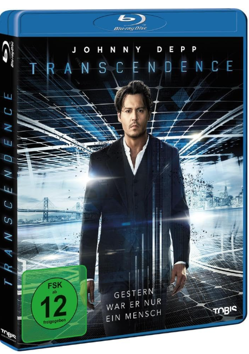 Filmcover von Transcendence mit Johnny Depp. Ein Mann im Anzug steht vor einem Tech-Hintergrund.