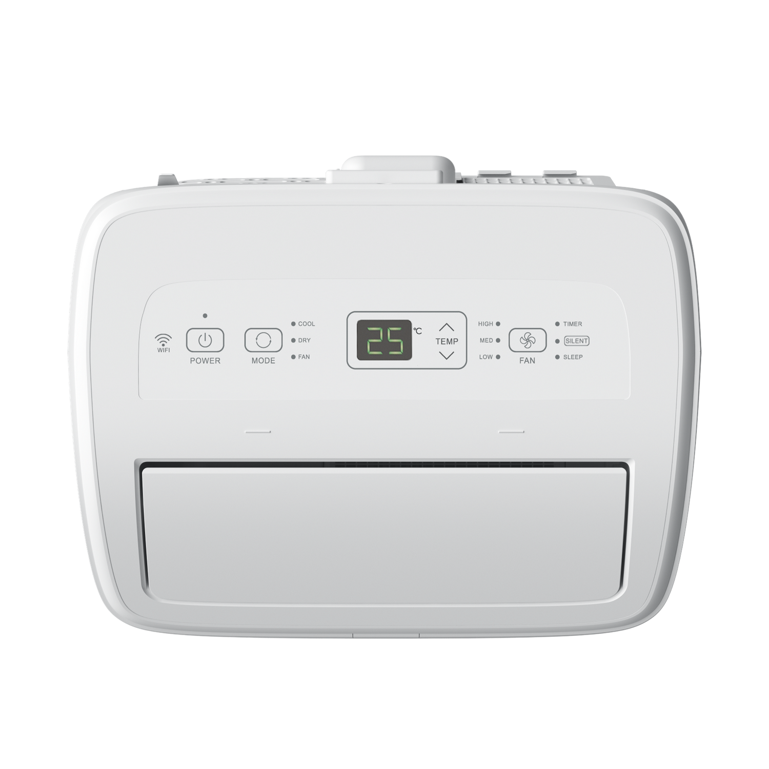 Vista superior de aire acondicionado portátil blanco. Controles, pantalla con 25 grados Celsius y botones.