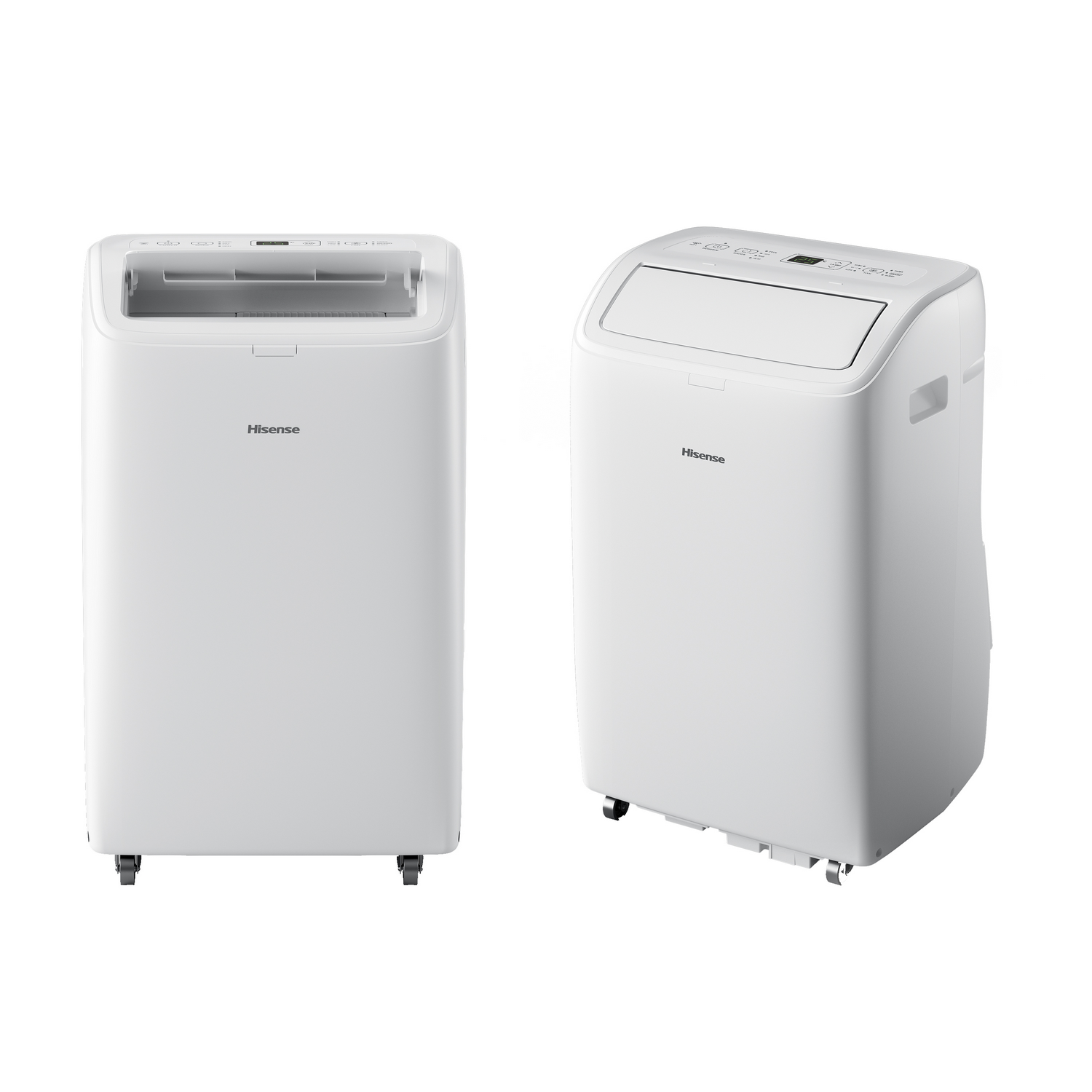 Dos ángulos de un aire acondicionado portátil blanco con el logo de Hisense. Ambos tienen ruedas abajo.