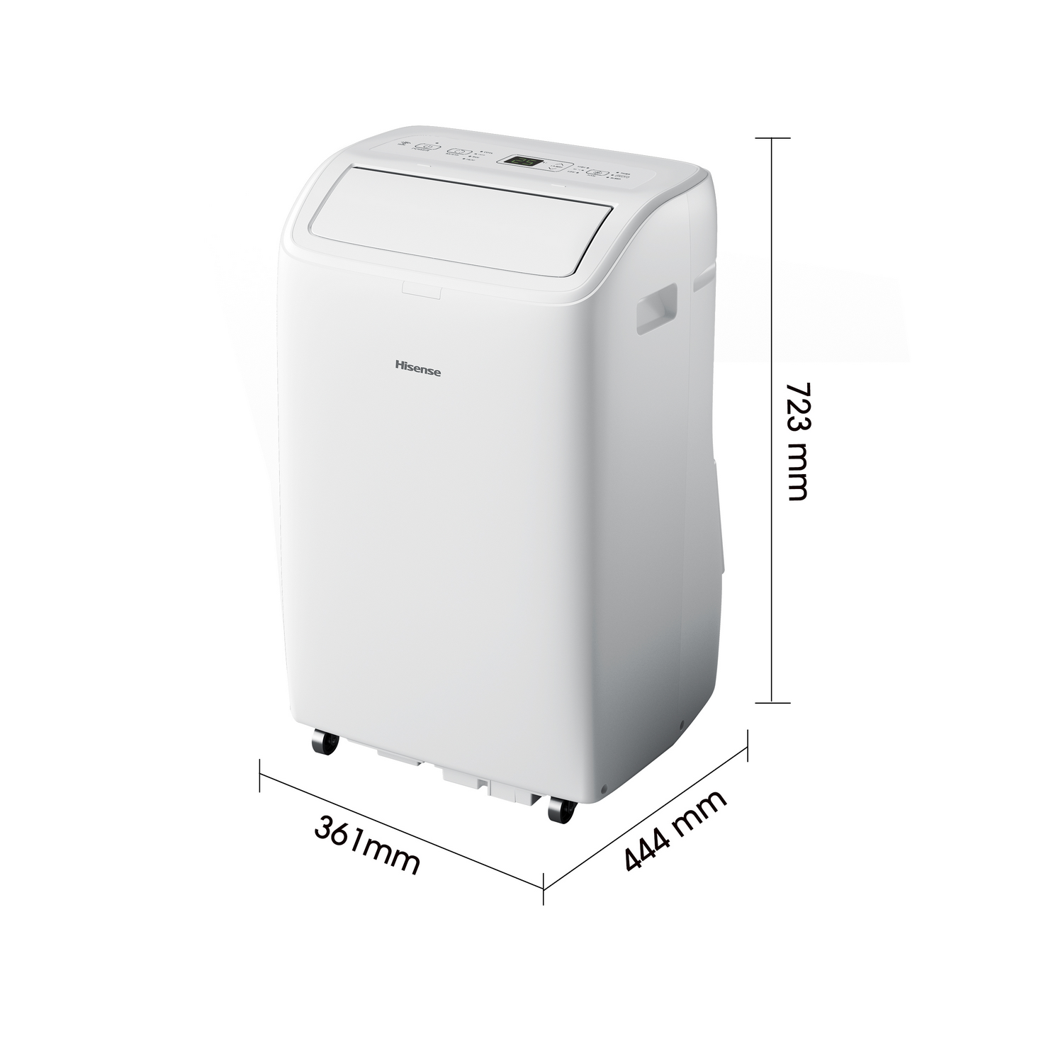 Aire acondicionado portátil blanco. Dimensiones: 723 mm alto, 444 mm ancho y 361 mm profundo.