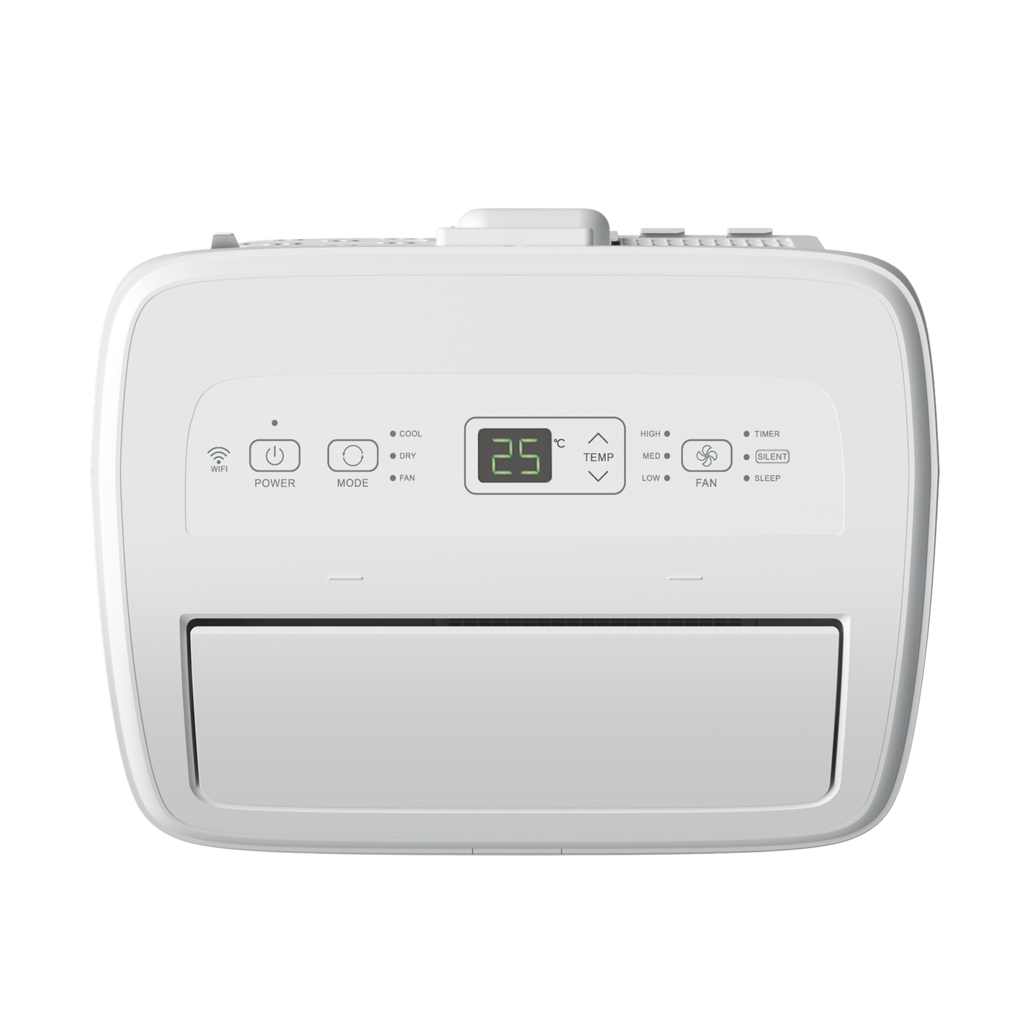 Vista superior de aire acondicionado portátil blanco. Controles, pantalla con 25 grados Celsius y botones.