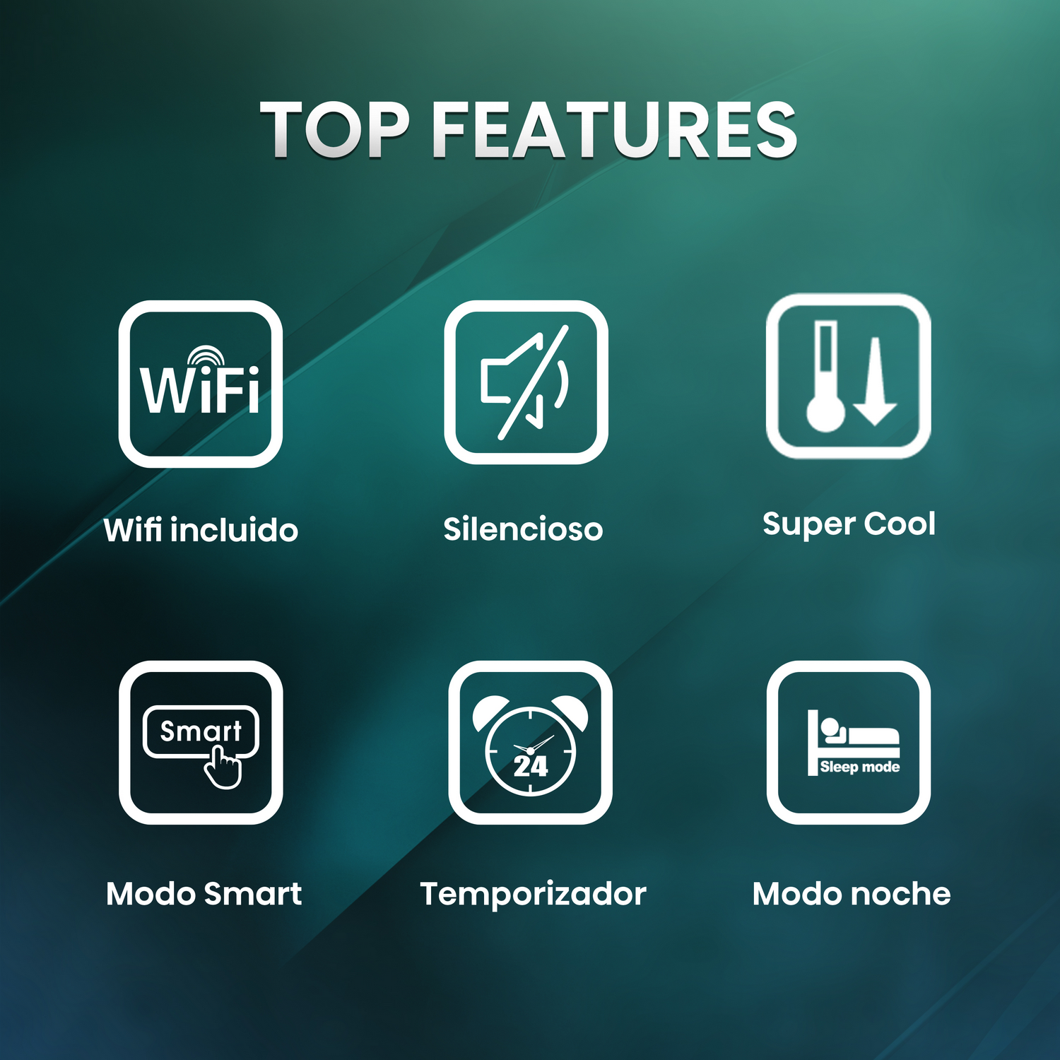 Iconos de funciones principales: WiFi, Silencioso, Super Cool, Modo Inteligente, Temporizador y Modo Sueño sobre fondo turquesa.