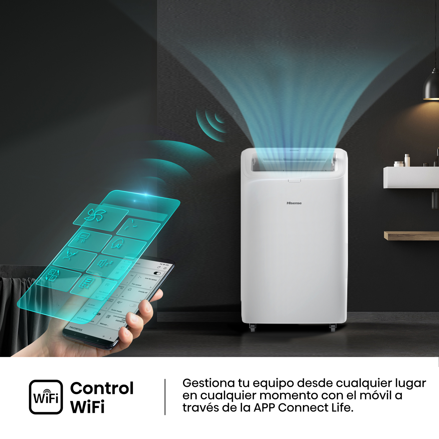 Una persona usa un teléfono inteligente para controlar un aire acondicionado blanco, mostrando la función de control WiFi.