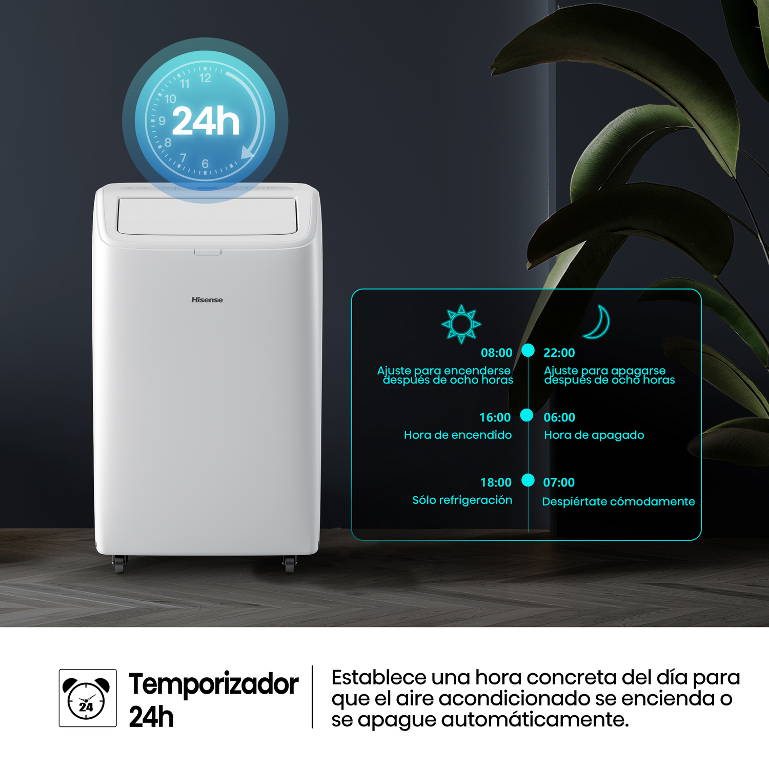 Unidad de CA blanca con pantalla de temporizador de 24 h. Muestra tiempos de encendido/apagado y tiene un icono azul de 24 h.