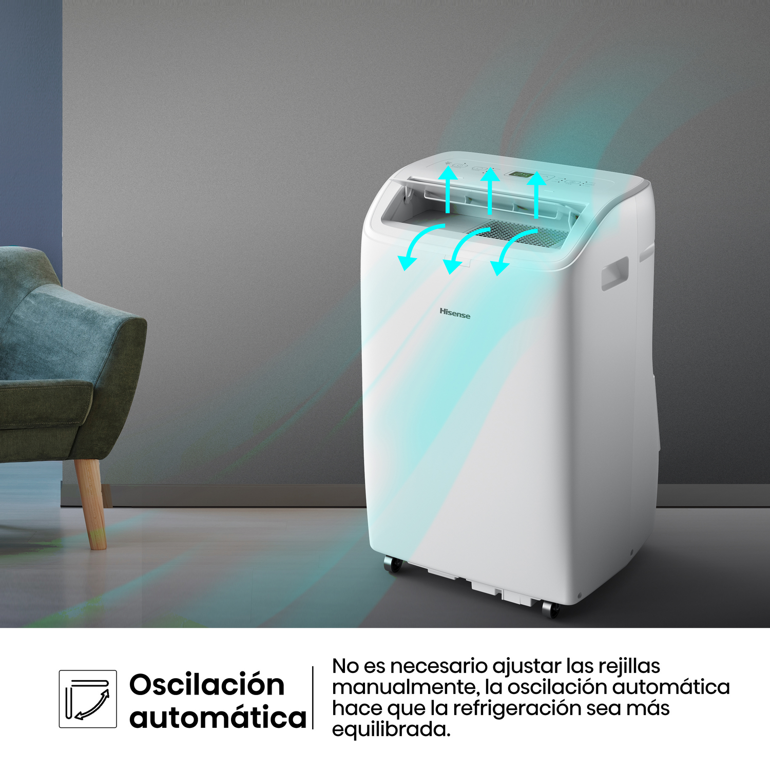 Unidad de CA blanca con oscilación automática. Muestra el flujo de aire azul desde la parte superior de la unidad.
