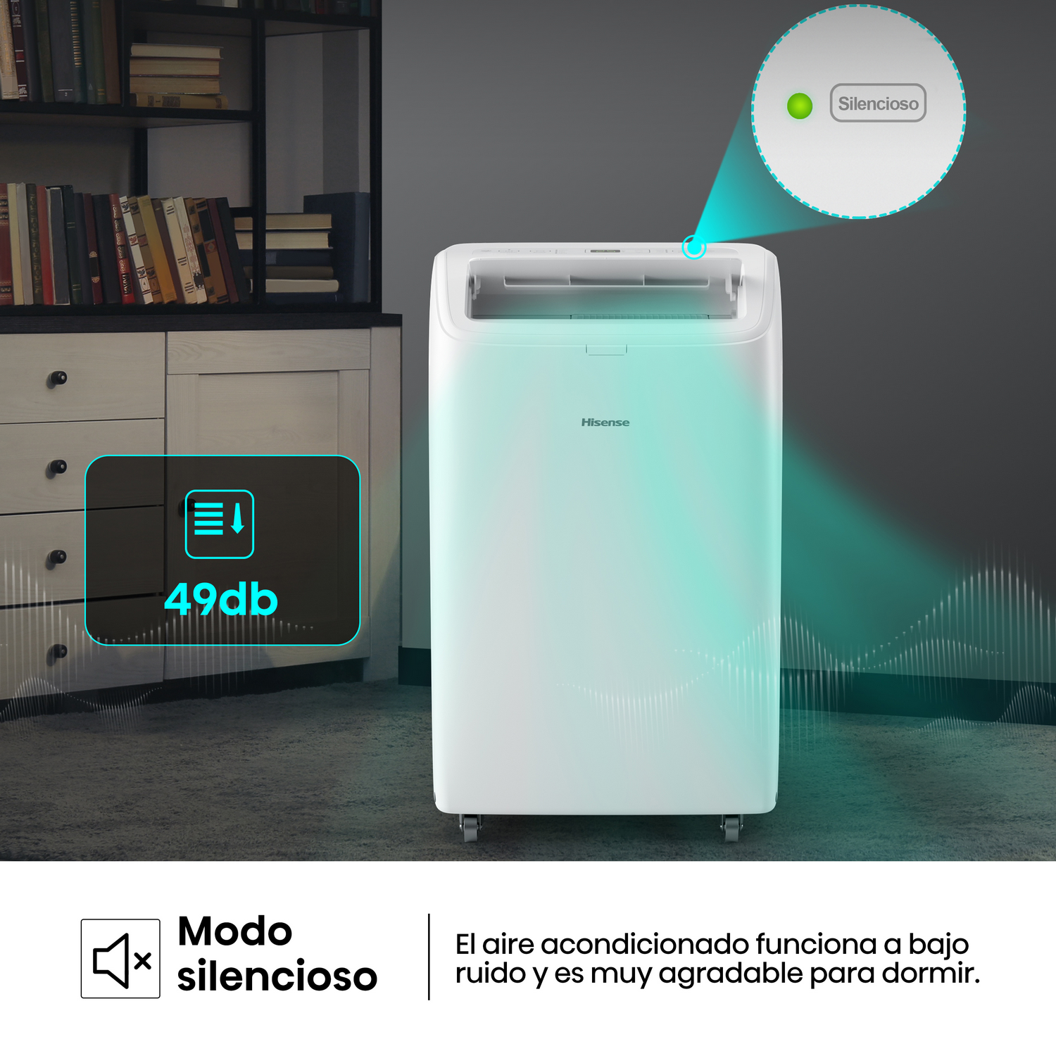 Unidad de CA blanca con modo silencioso. Muestra un indicador 'silencioso' verde. La unidad está en una habitación.