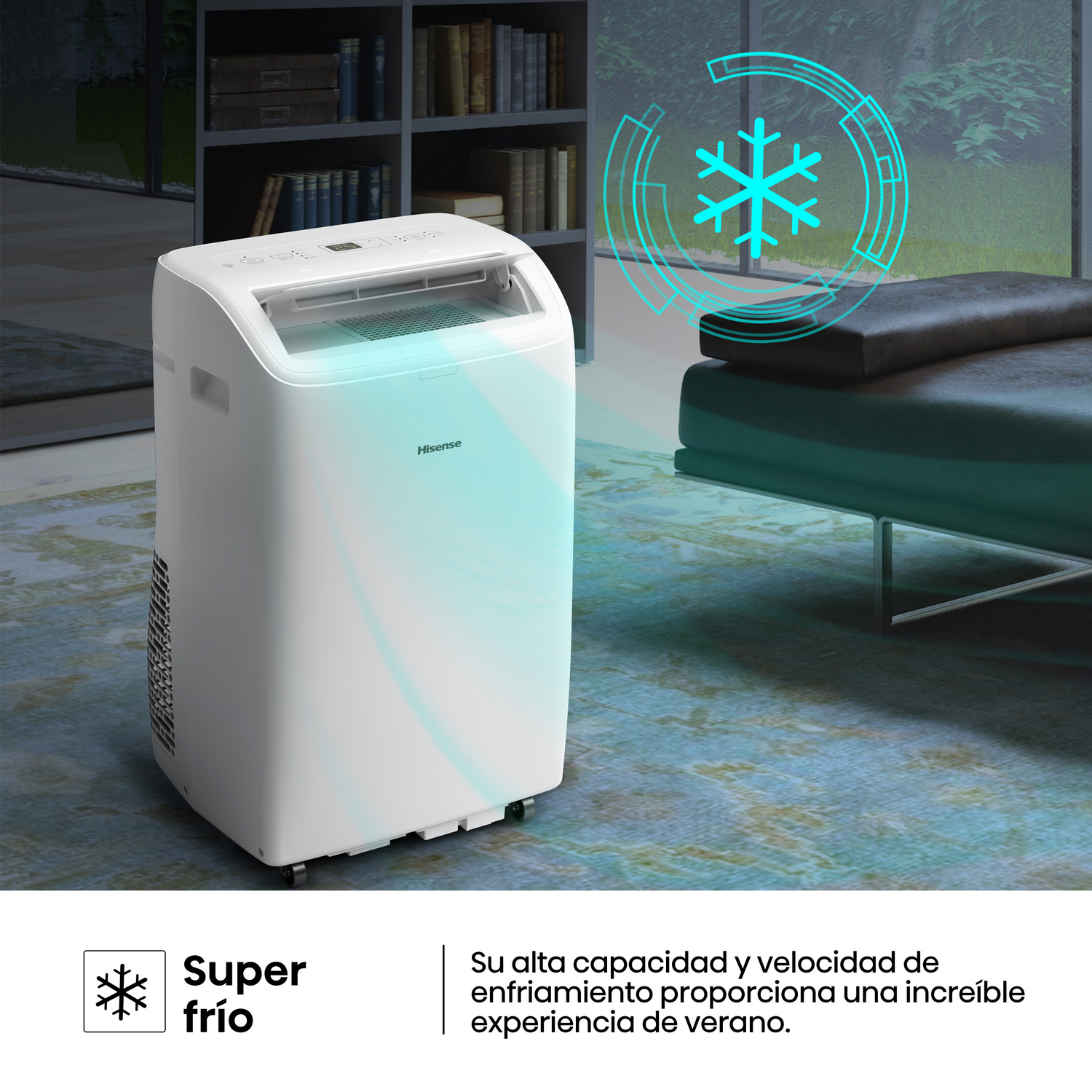 Unidad de CA blanca con modo súper frío. Muestra un icono de copo de nieve. La unidad está en una habitación.