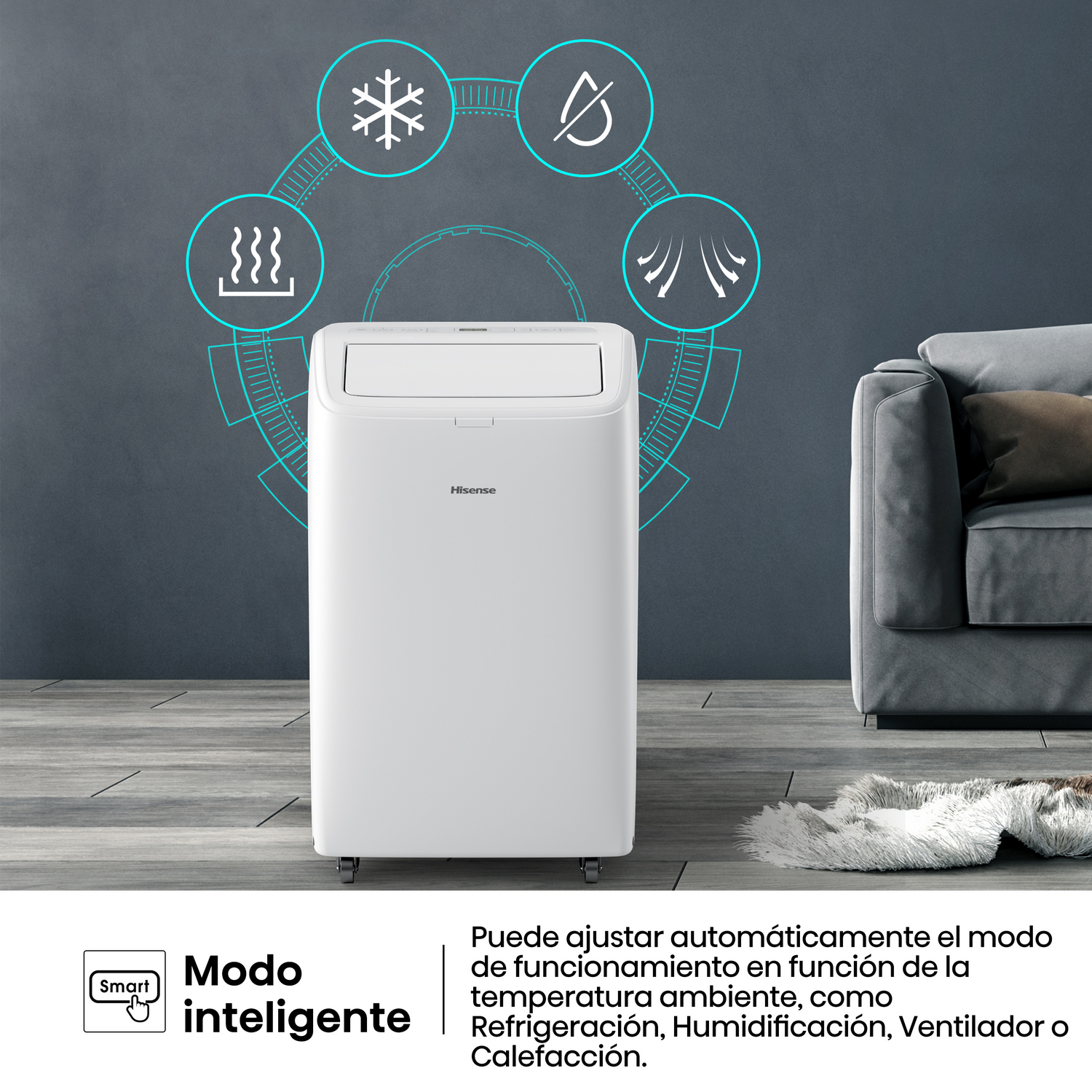 Unidad de CA blanca con modo inteligente. Presenta iconos para diferentes modos. La unidad está en una habitación.