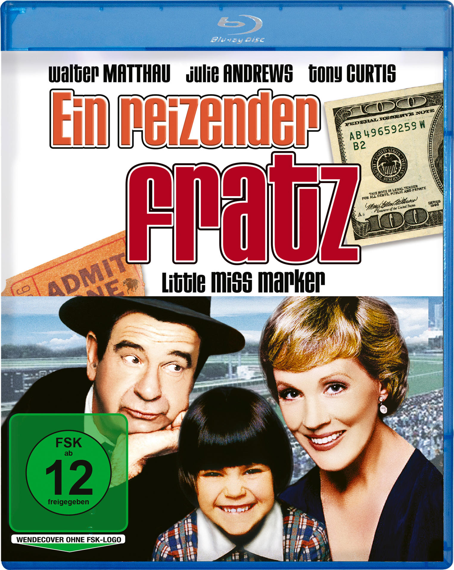 Blu-ray-Cover von 'Little Miss Marker'. Zeigt Schauspieler, einen 100-Dollar-Schein, ein Ticket und eine Bewertung.