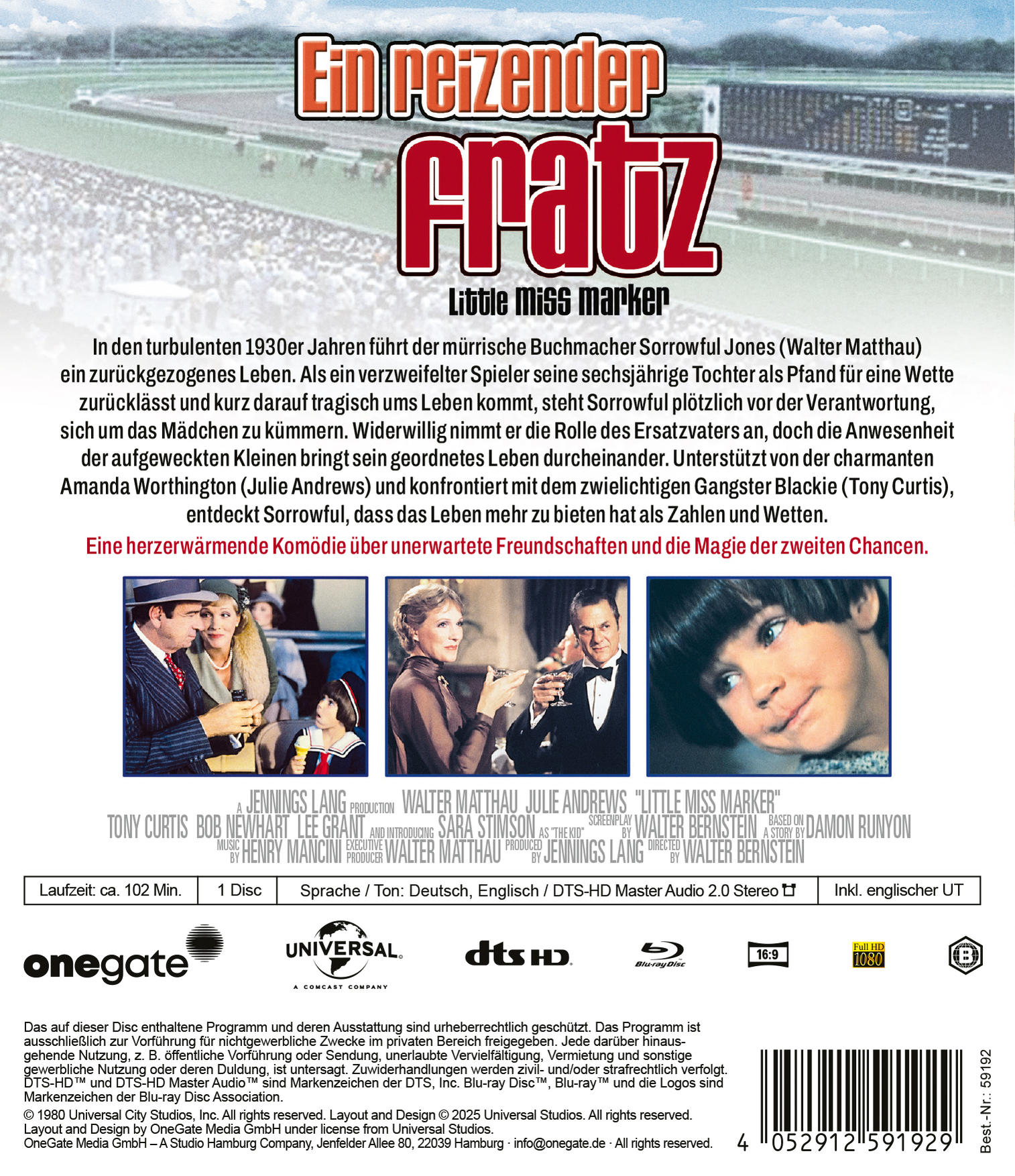 Filmcover: Titel "Little Miss Marker". Enthält Schauspieler, Text und Logos. Eine DVD-Hülle mit Filmdetails und Credits.