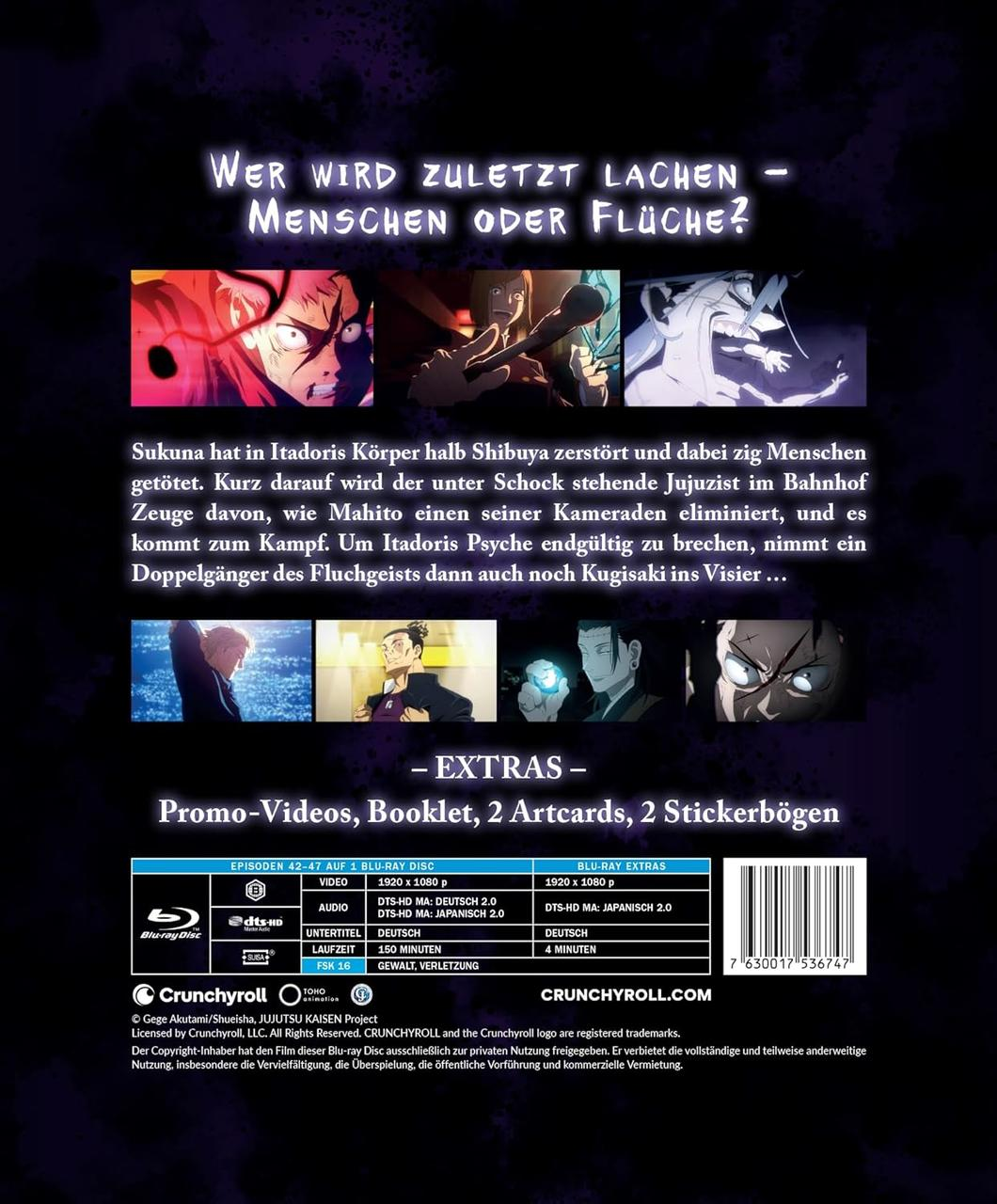 Blu-ray-Cover mit Anime-Charakteren und Text: "Wer wird zuletzt lachen? Menschen oder Flüche?" Details zu Video, Audio, Extras.