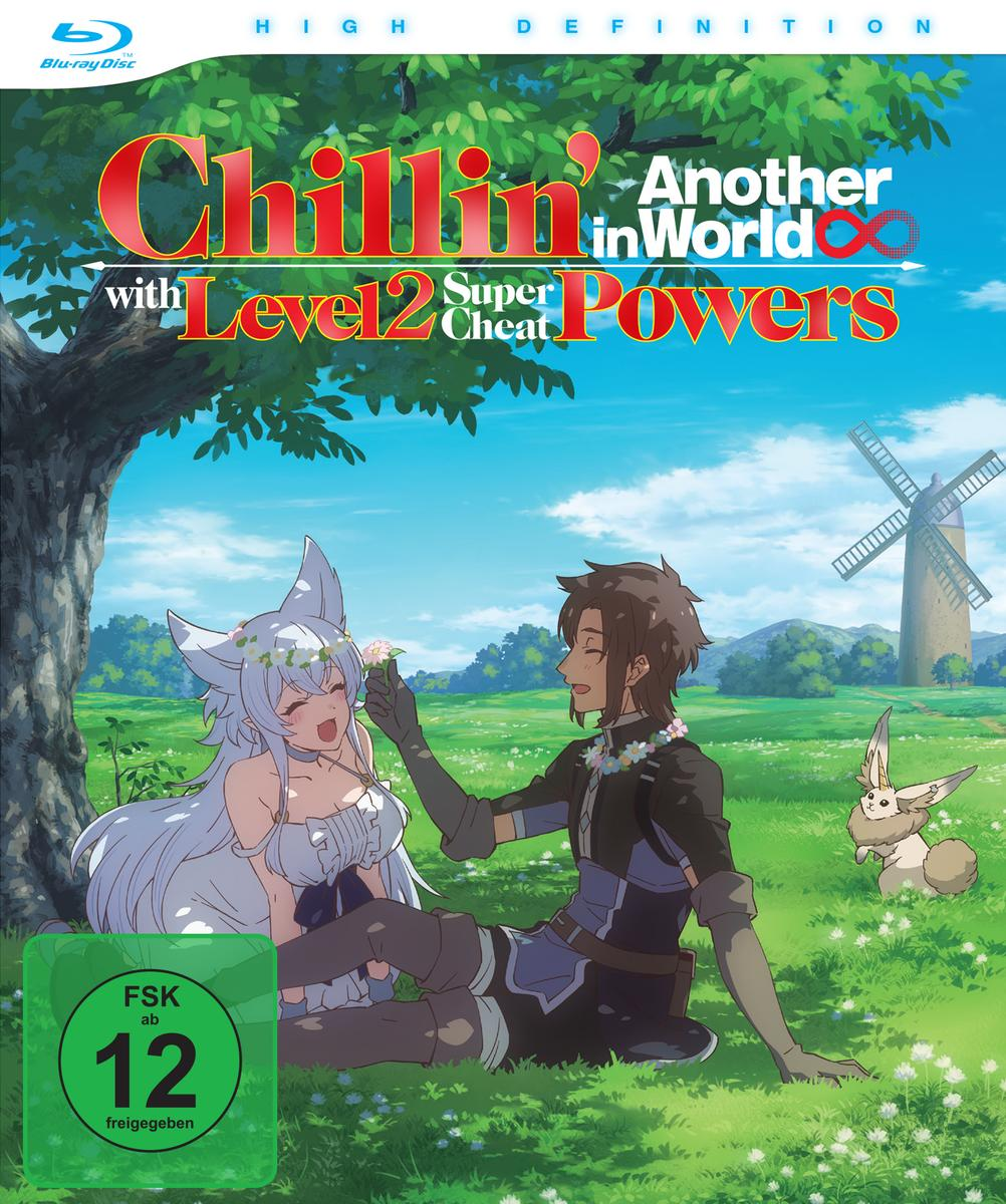 Anime-Cover: Zwei Charaktere auf einem Feld, einer gibt eine Blume. Eine Windmühle und ein Hase sind im Hintergrund. Titel: Chillin' in Another World.