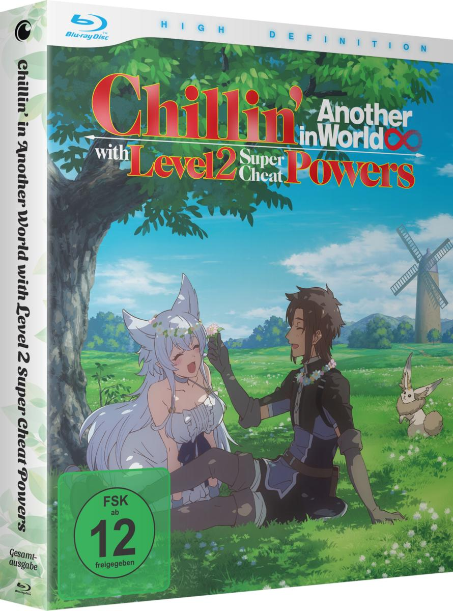 Anime-Cover. Ein Mann gibt einer Frau mit weißen Ohren eine Blume. Kaninchen in der Nähe. Titel: Chillin' in Another World.