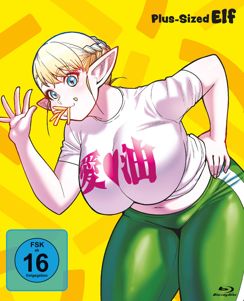 Anime-Cover: Elf in weißem T-Shirt & grüner Hose. Titel: Plus-Sized Elf. FSK 16 Bewertung. Blu-ray Disc Logo.