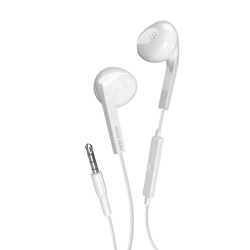 Weiße In-Ear-Kopfhörer mit Music Hero-Logo. Ein Stecker, zwei Ohrhörer, verbunden durch weißes Kabel. Weißer Hintergrund.