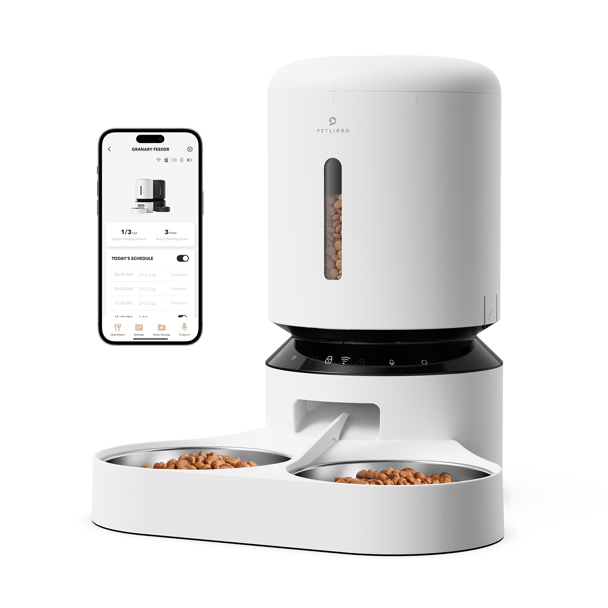 Weißer Haustierfutterautomat mit Futter und App-Oberfläche, die den Zeitplan zeigt. Zwei Schalen mit Futter im Vordergrund.
