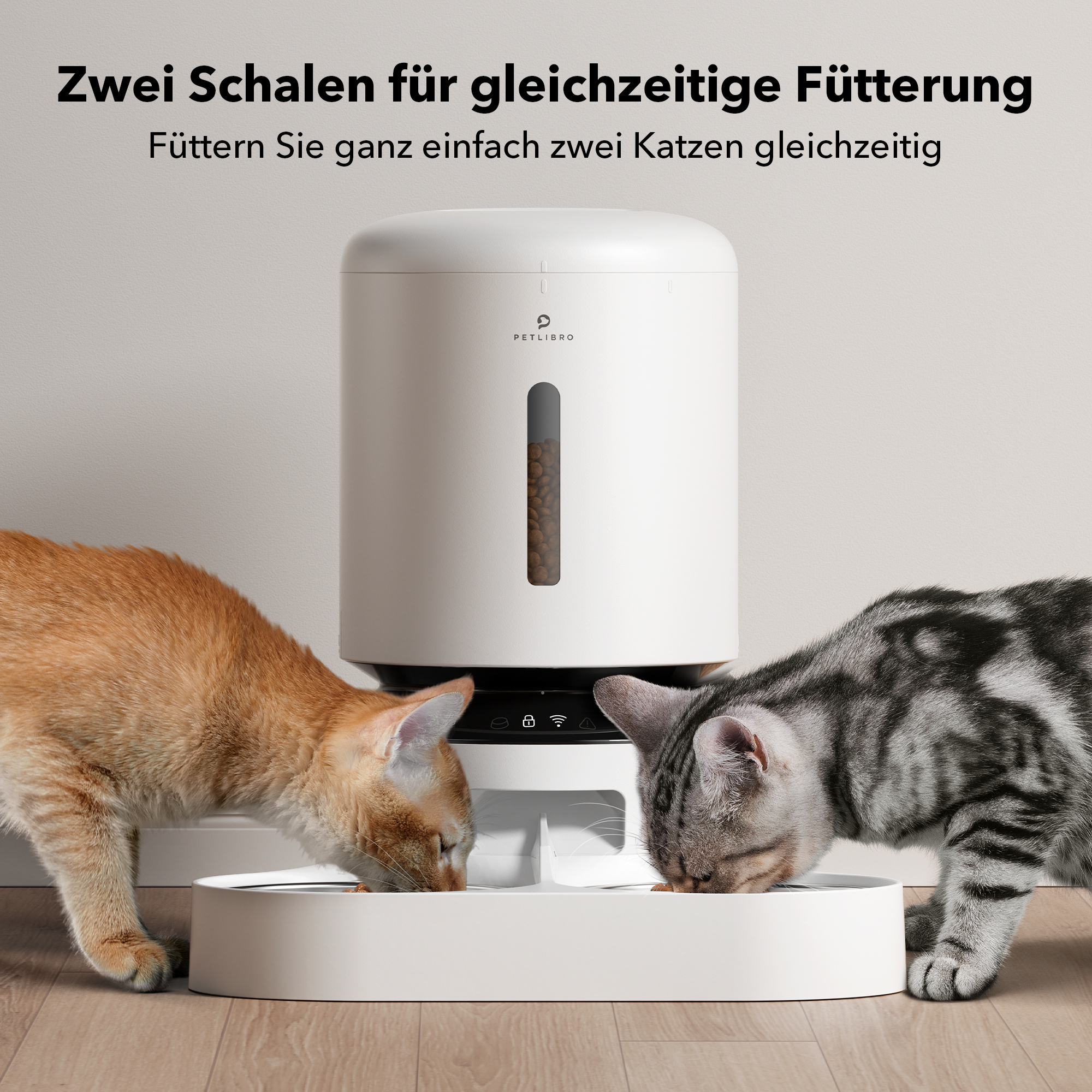 Zwei Katzen fressen aus einem Haustierfutterautomaten. Text-Overlay sagt, dass der Futterautomat zwei Schalen zum Füttern hat.
