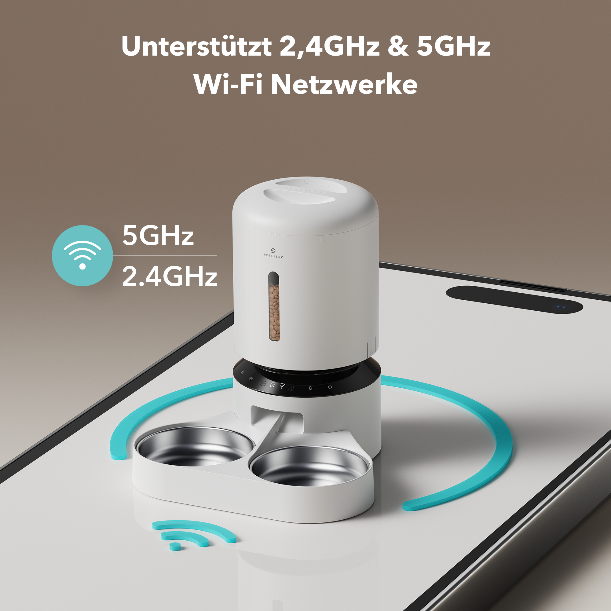Haustierfutterautomat mit WLAN-Symbolen. Der Futterautomat befindet sich auf einem Telefon. Text-Overlay: Unterstützt 2,4 GHz & 5 GHz Wi-Fi-Netzwerke.