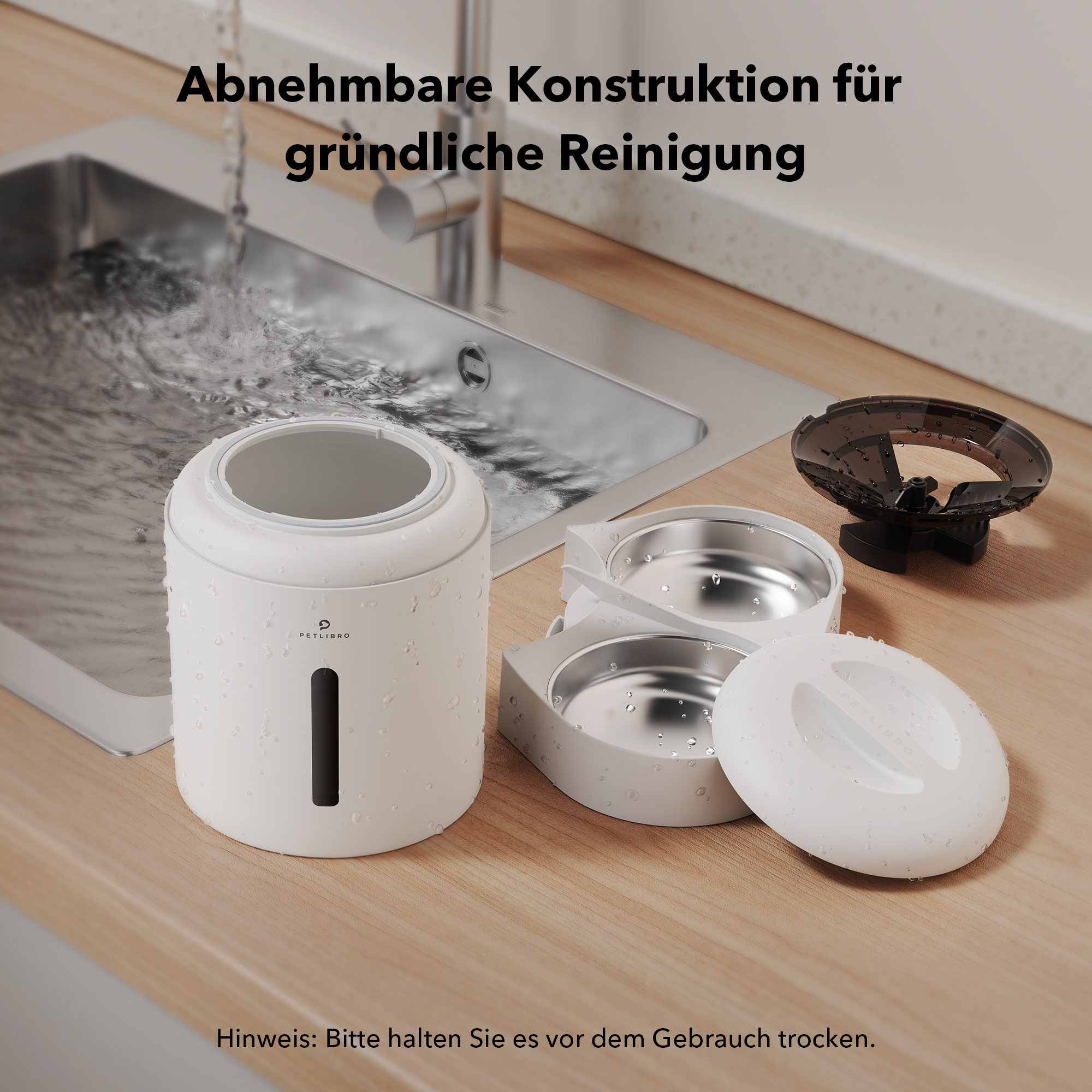 Zerlegte Komponenten des Haustierfutterautomaten zur Reinigung. Text-Overlay: Abnehmbare Konstruktion für gründliche Reinigung.
