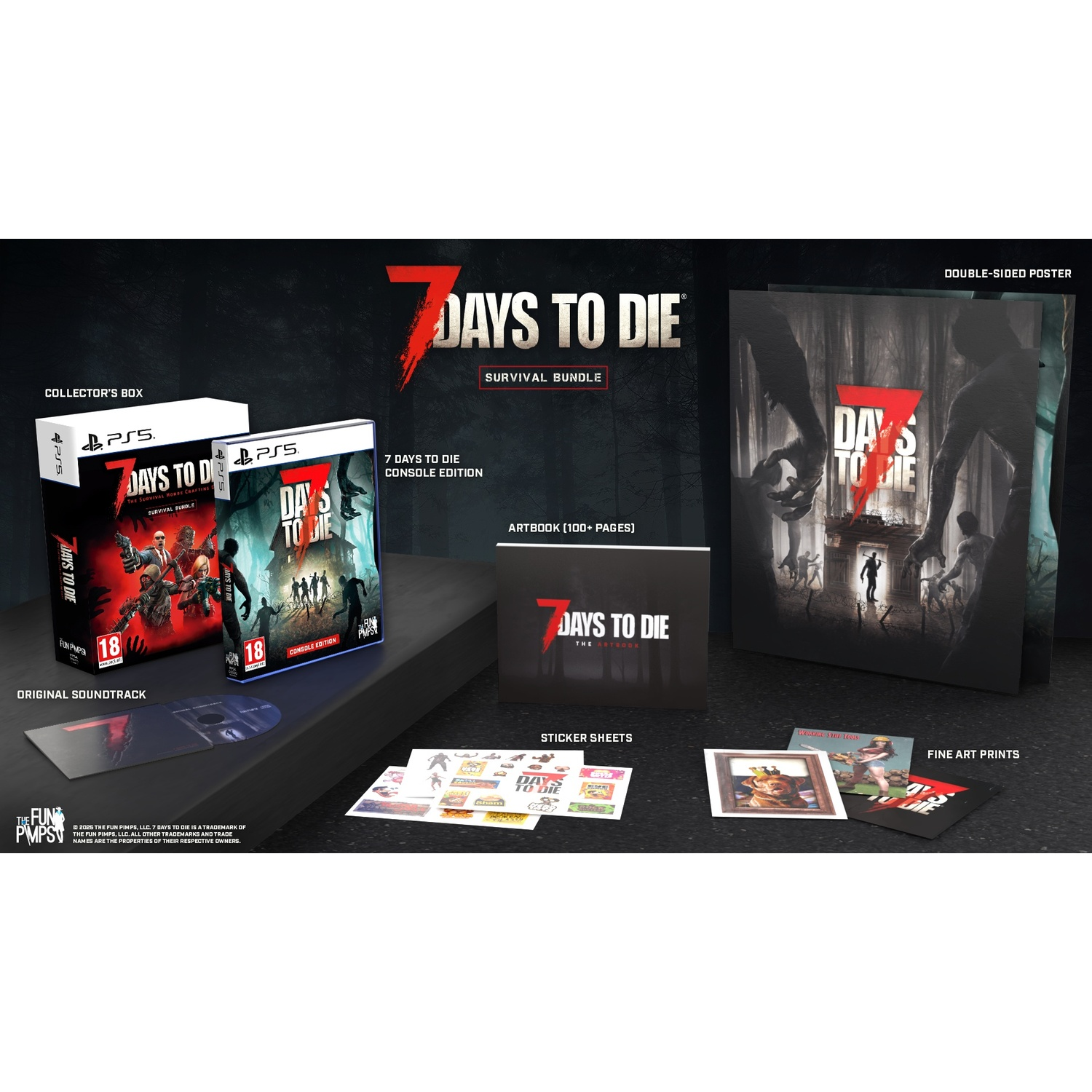 Emballage du jeu avec disque de jeu, artbook, autocollants et affiche.