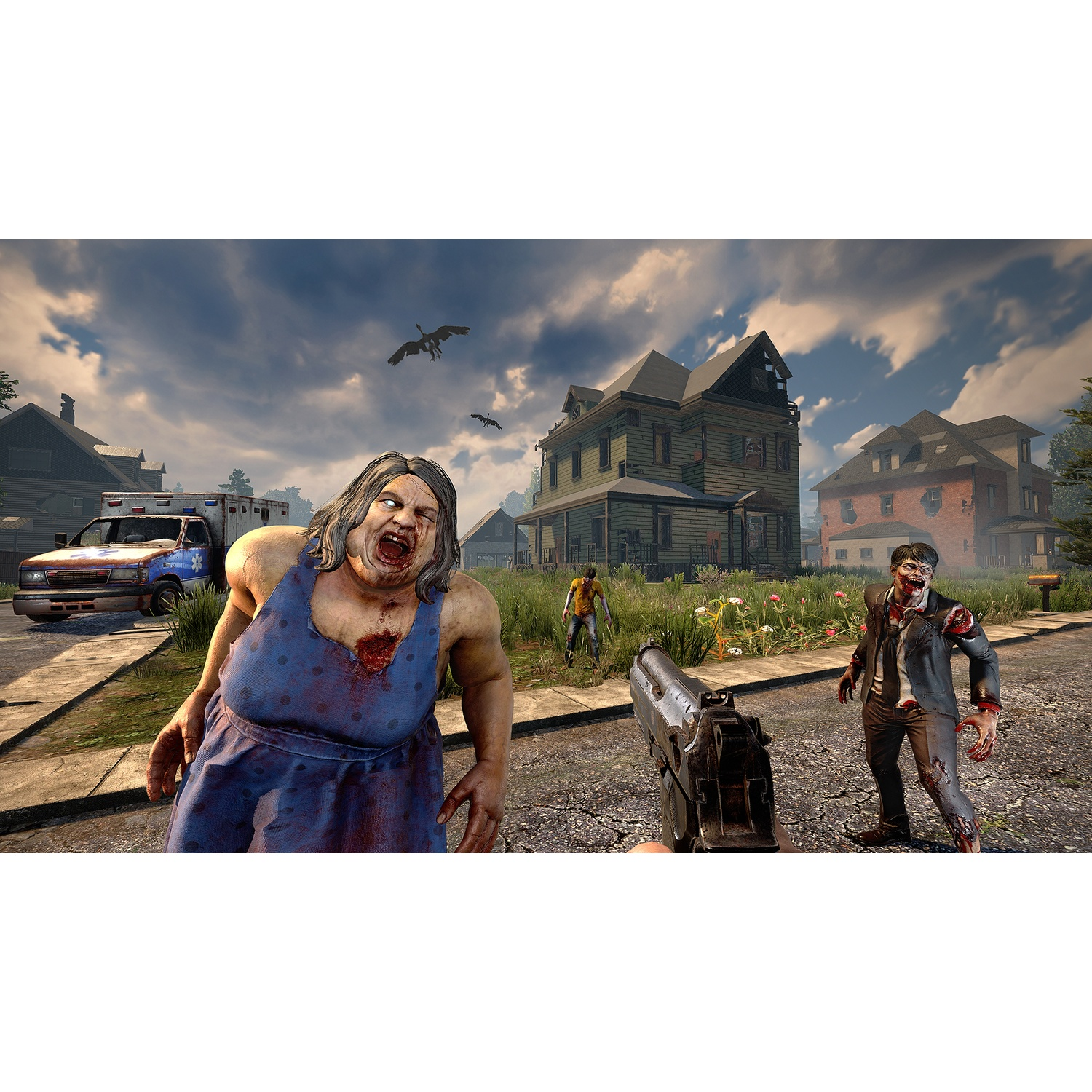 Vue à la première personne dans une rue avec des zombies et une personne tenant une arme.