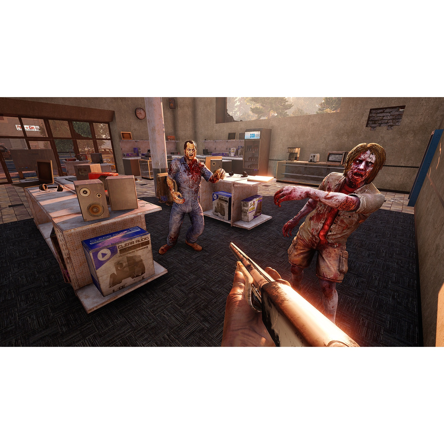 Vue à la première personne dans un magasin avec des zombies et une personne tenant une arme.