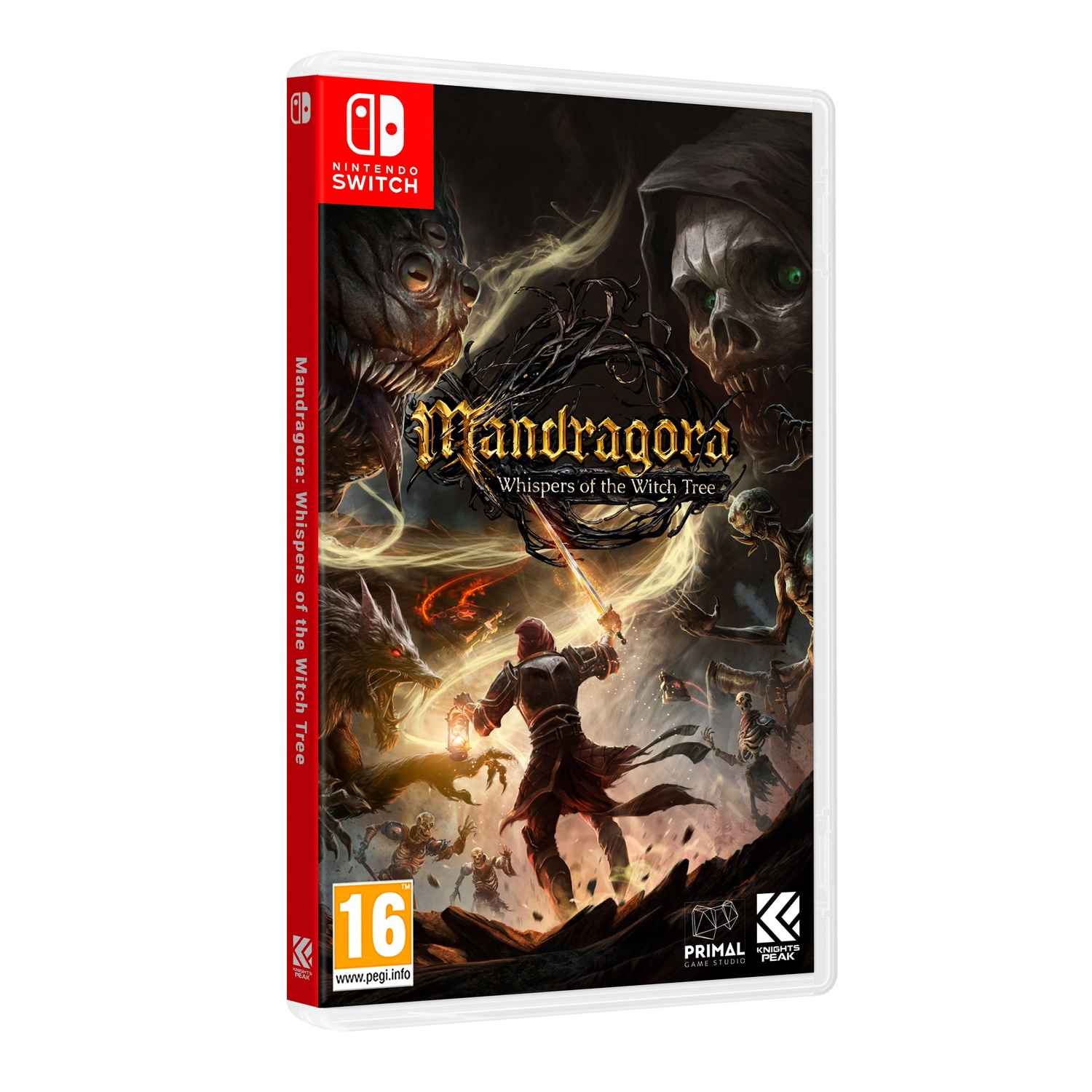 De game cover art voor Mandragora: Whispers of the Witch Tree, op een Nintendo Switch-doos.