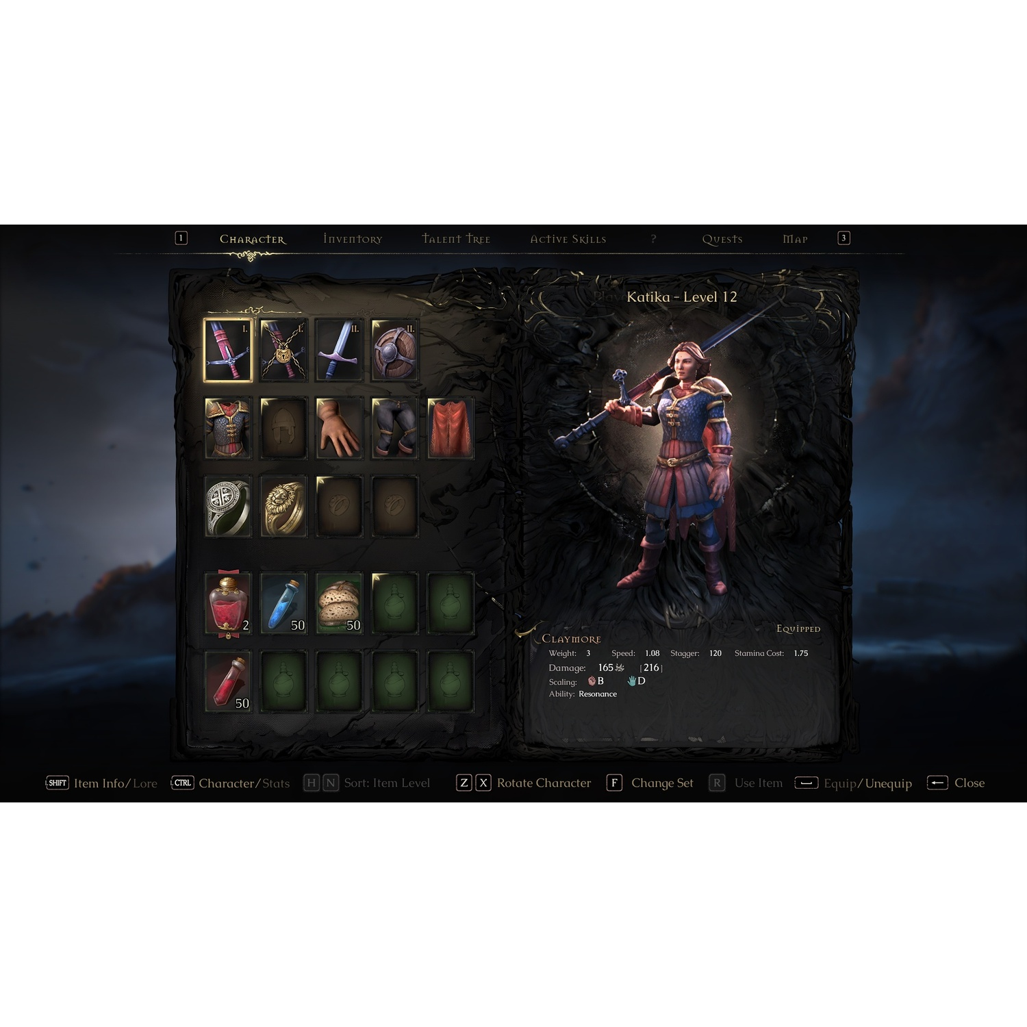 Game-interface. Karakterstatistieken, inventaris en een karaktermodel met zwaard worden getoond.