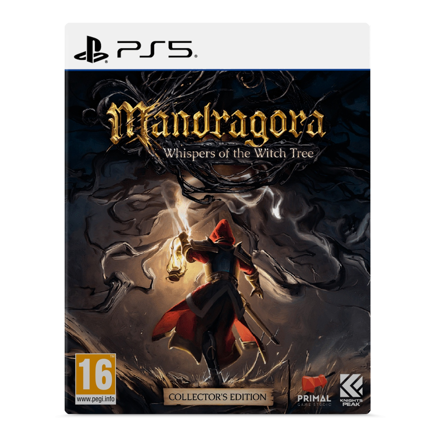 Gamebox art voor 'Mandragora: Whispers of the Witch Tree' met een figuur die een lantaarn vasthoudt.