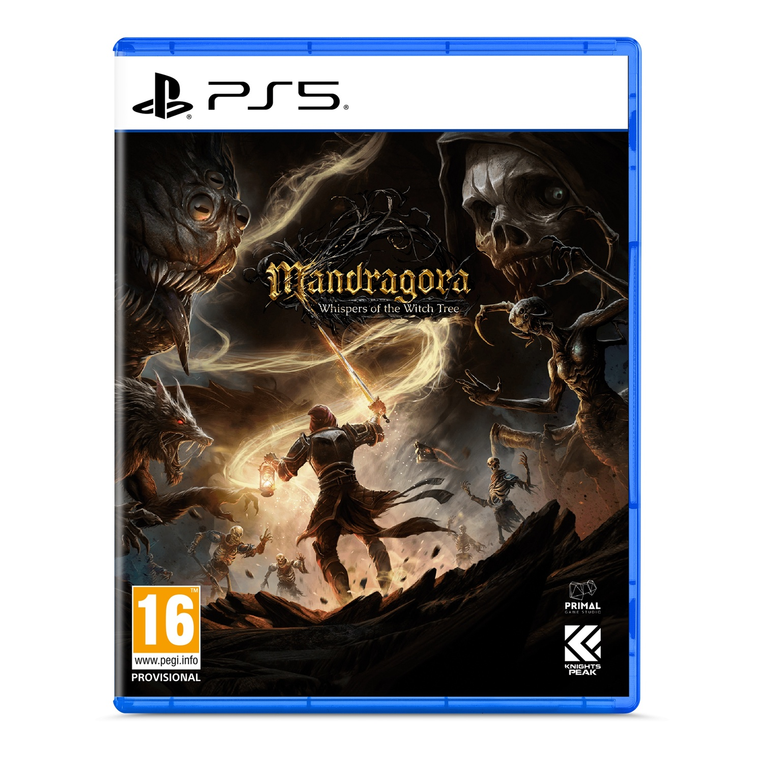 Gamebox art voor 'Mandragora: Whispers of the Witch Tree'. Krijger met zwaard vecht tegen monsters.