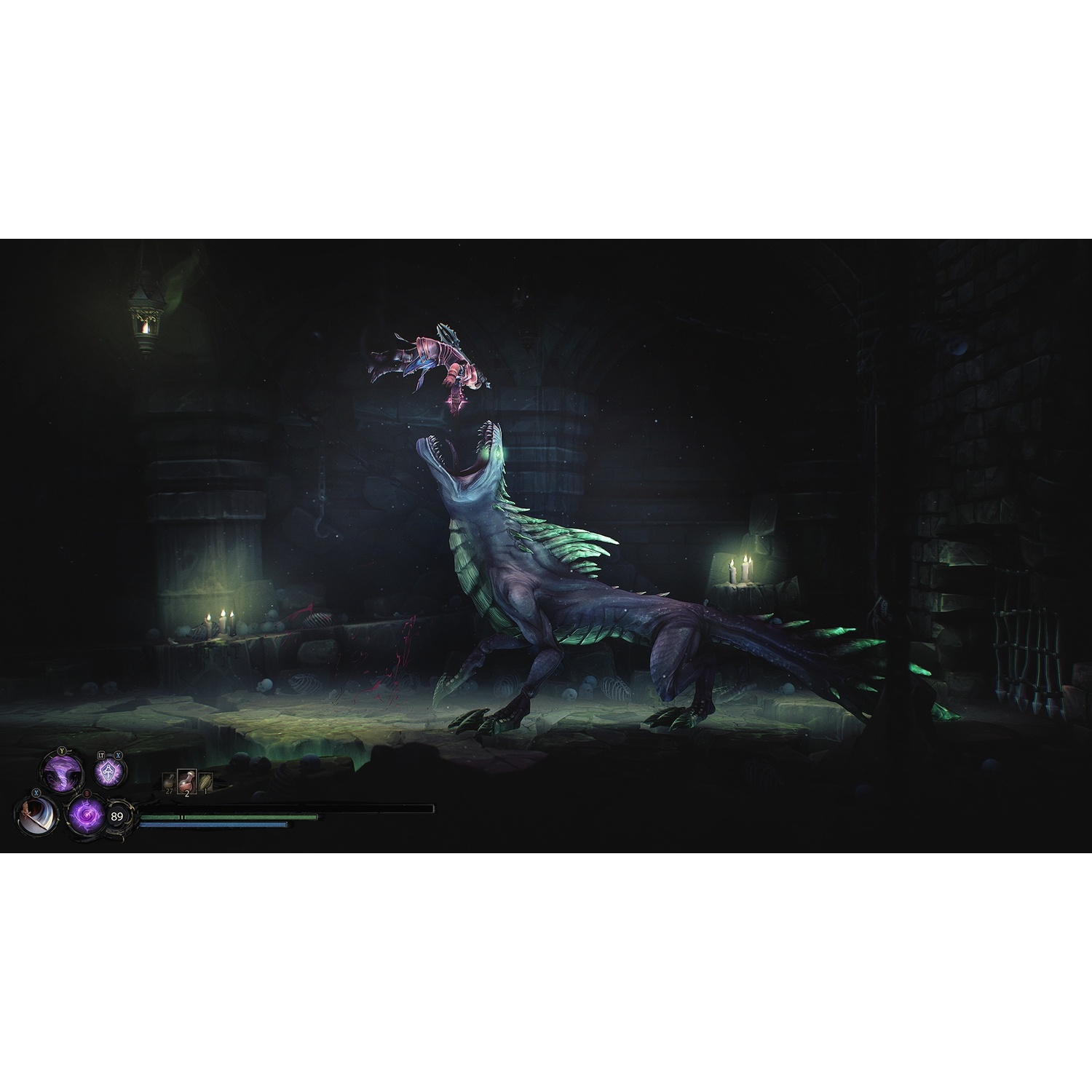 Game scène. Een groot hagedisachtig wezen valt een figuur aan in een donkere grot.