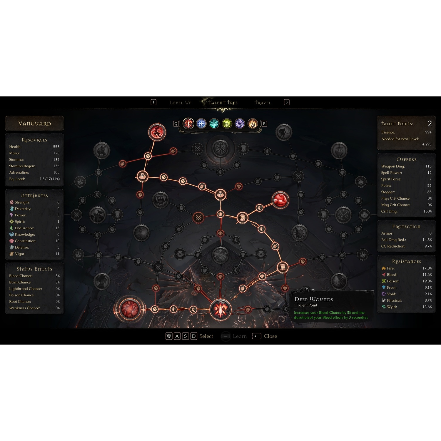 Game UI met een talentenboom met verschillende nodes en statistieken, waaronder gezondheid, mana, stamina en andere resources.