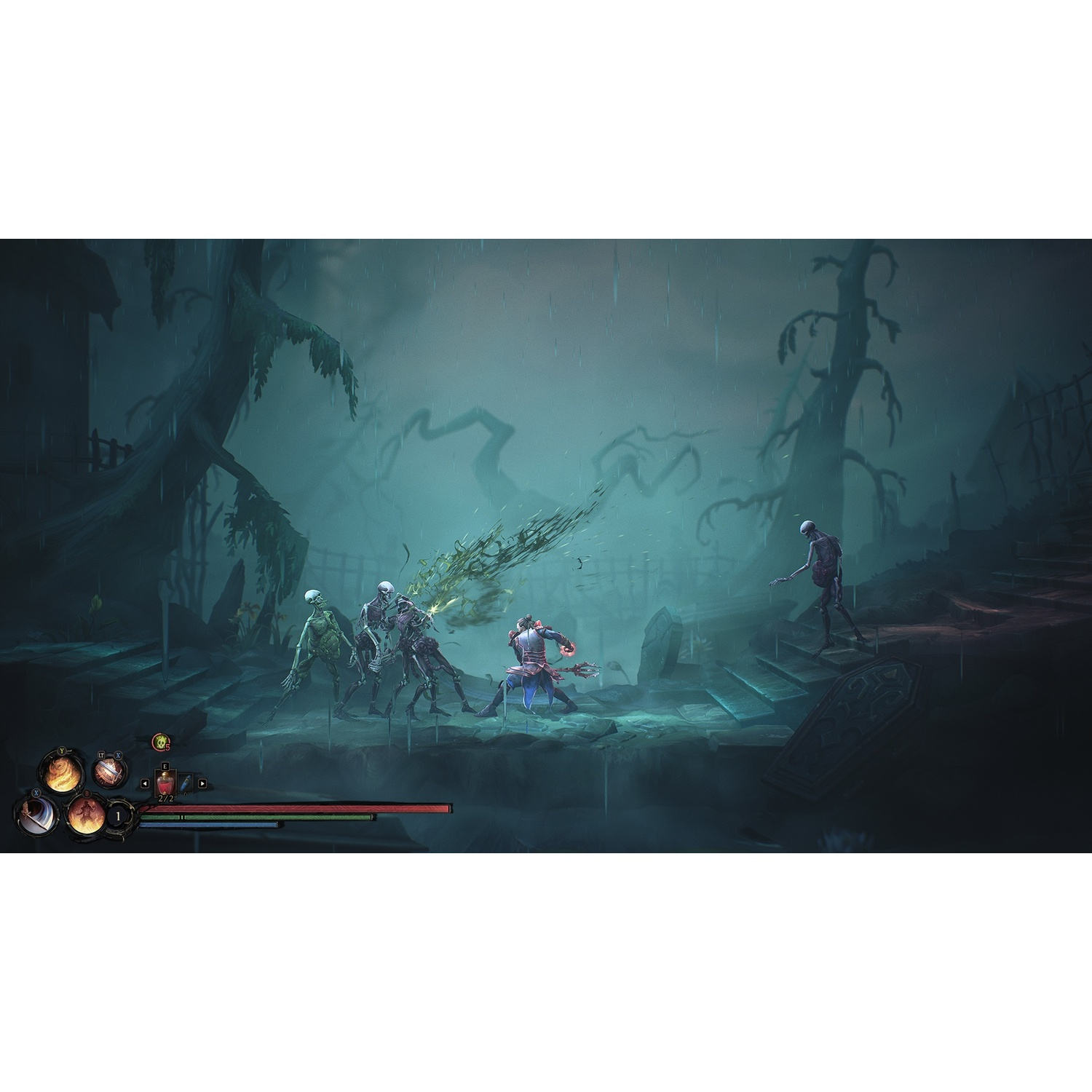 Game scène: Een personage vecht tegen ondode wezens in een drassig gebied. Bloedeffecten en een health bar zijn zichtbaar.