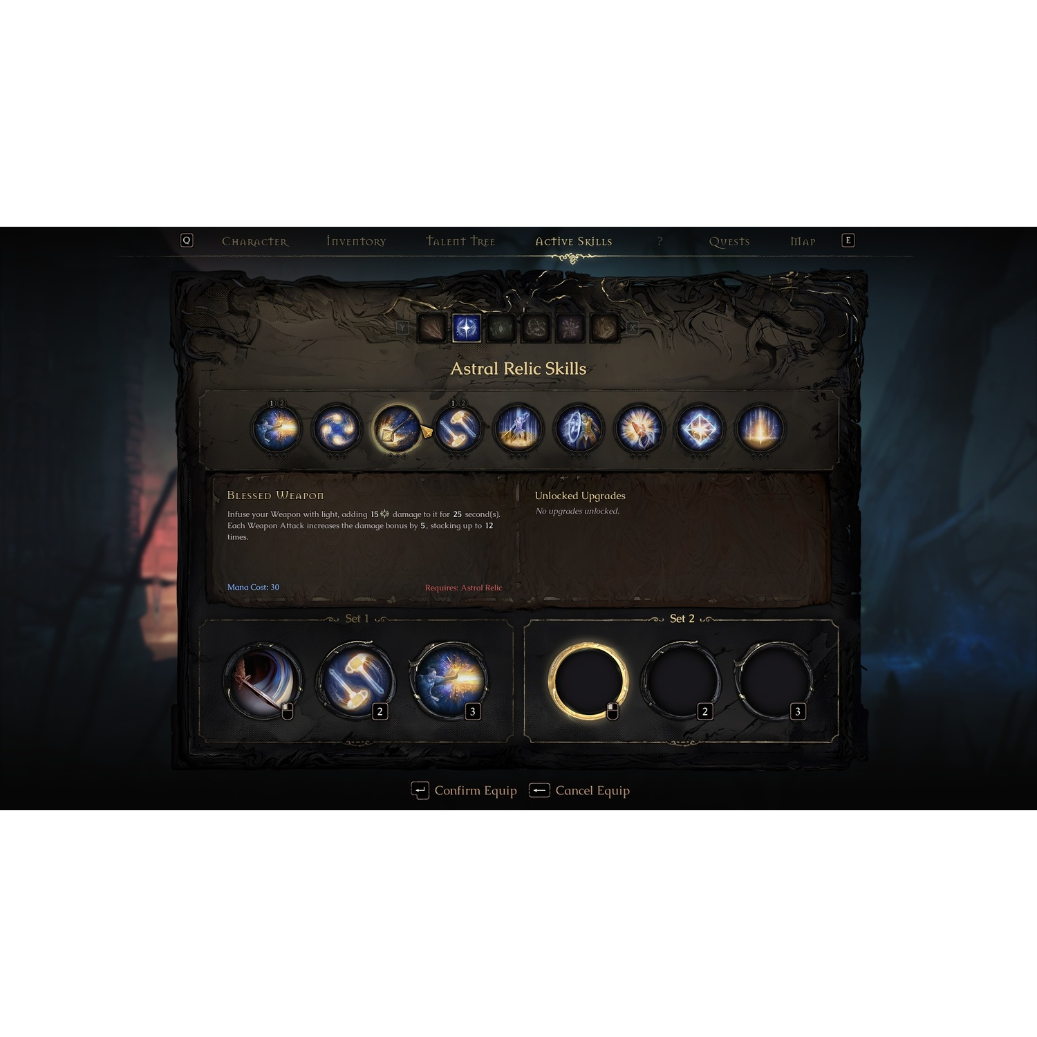Game UI met een menu voor actieve vaardigheden. Toont vaardigheden en vereist een Astral Relic.