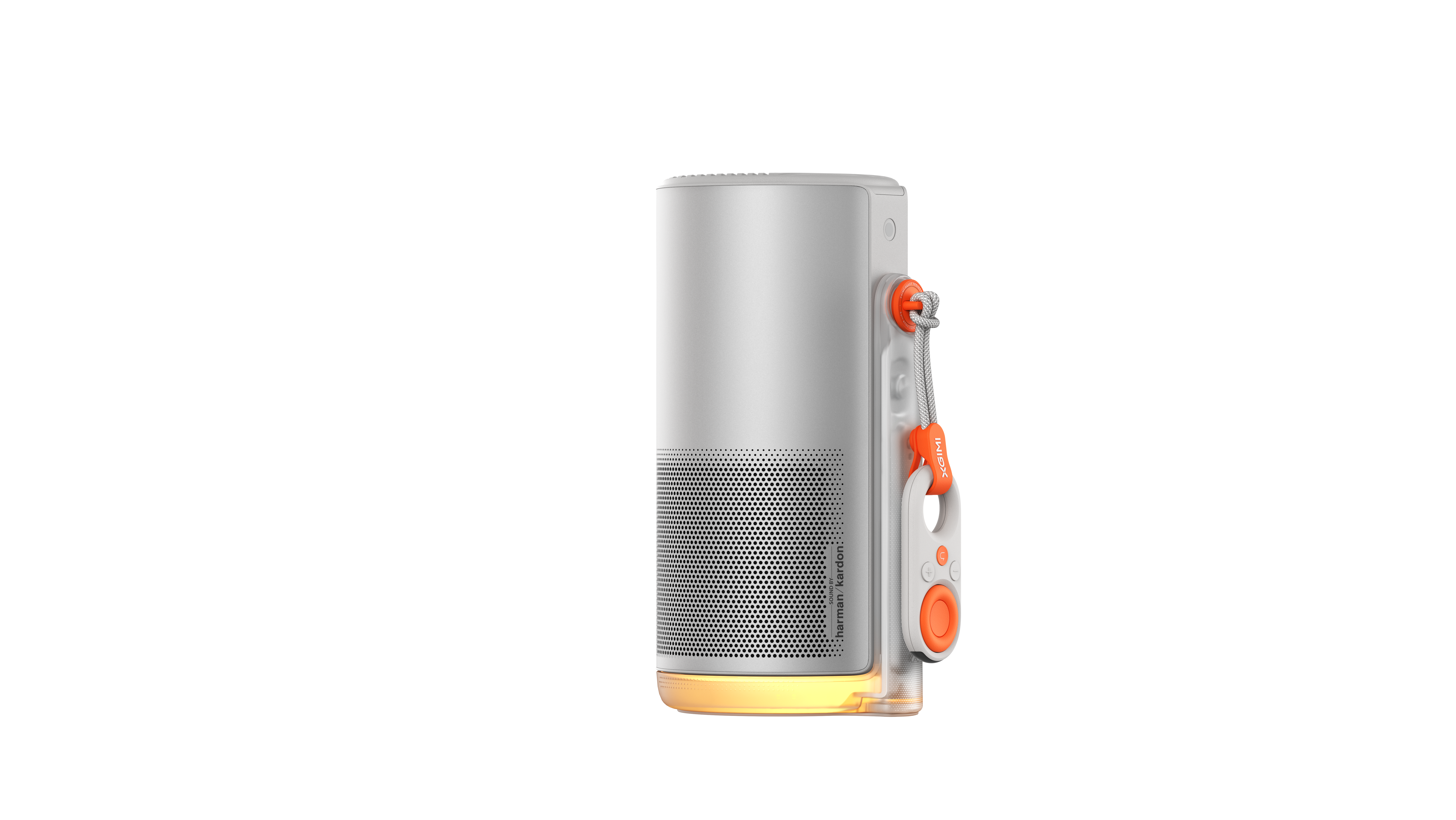 Ein weißer Projektor mit zylindrischem Design und orangefarbenen Akzenten, vor schwarzem Hintergrund platziert.