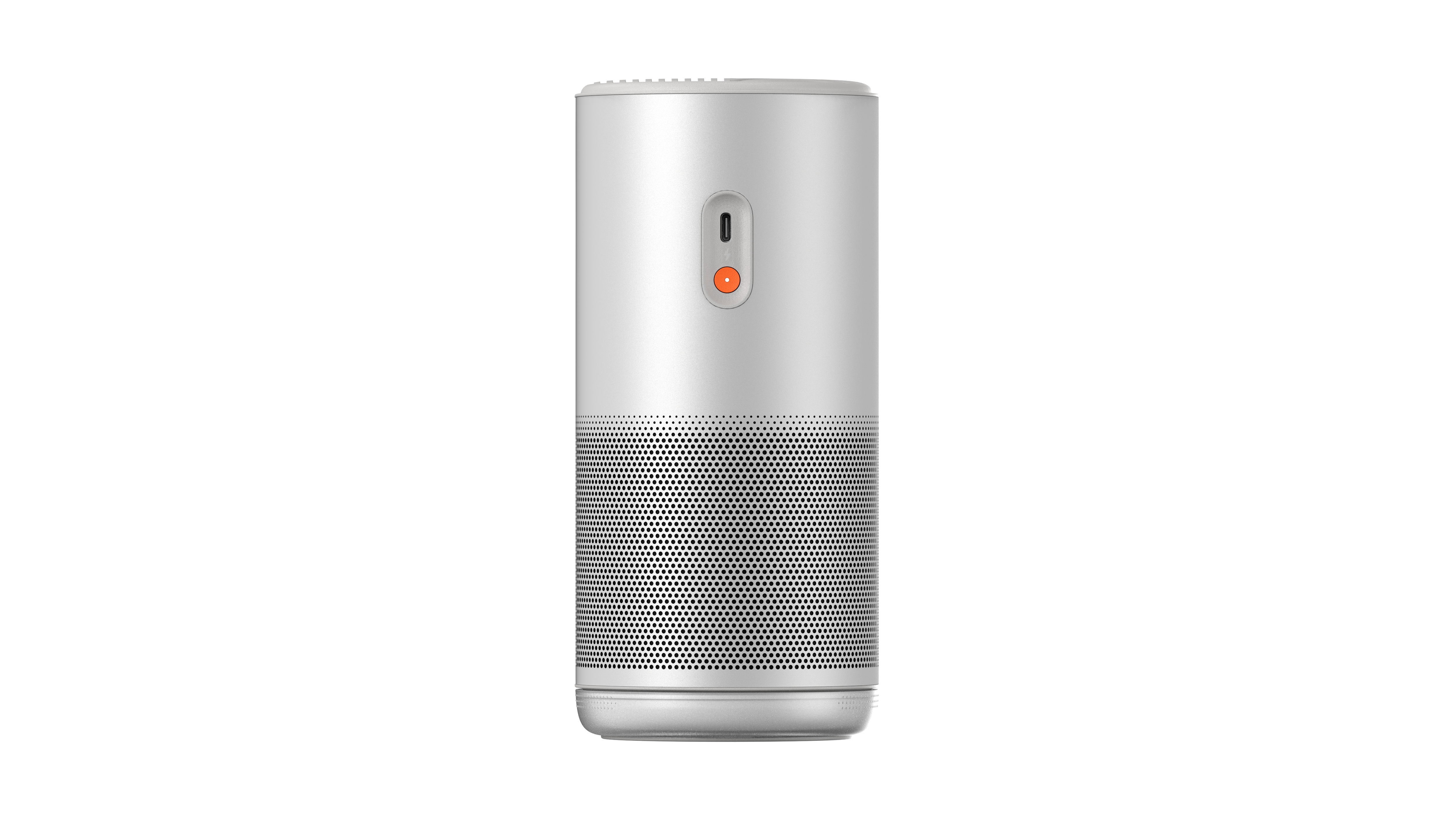 Weißer zylindrischer Lautsprecher mit perforiertem unteren Bereich und orangefarbener Power-Taste.