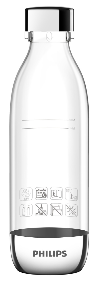 Przezroczysta butelka do gazowania Philips z czarną pokrywką. Instrukcje z ikonami na butelce.