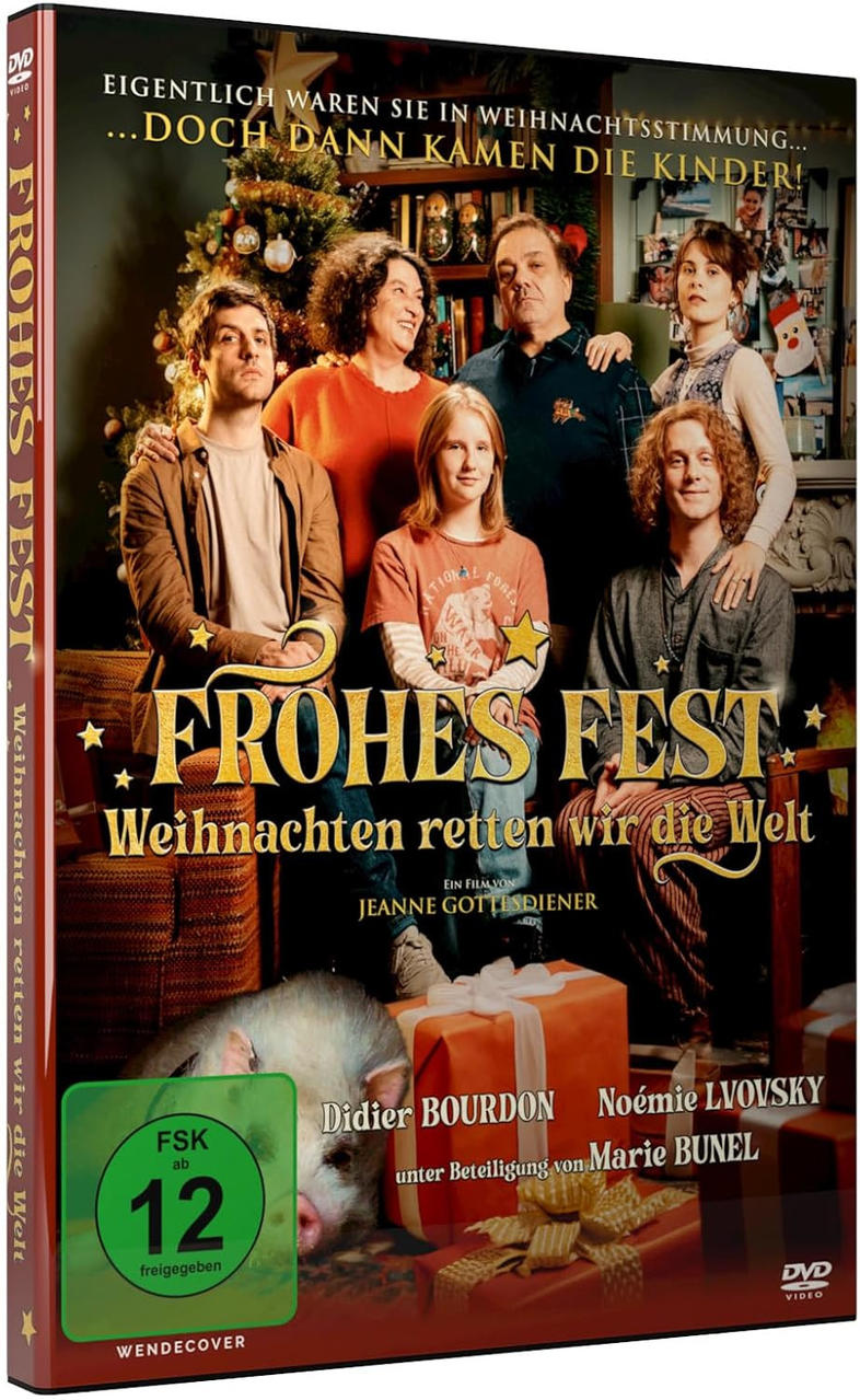 DVD-Cover mit einer Familie vor einem Weihnachtsbaum.