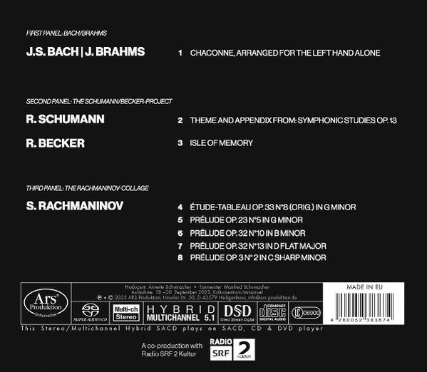 CD-Cover mit Text über Musik von Bach und Brahms. Enthält einen Barcode und Logos für digitales Audio.
