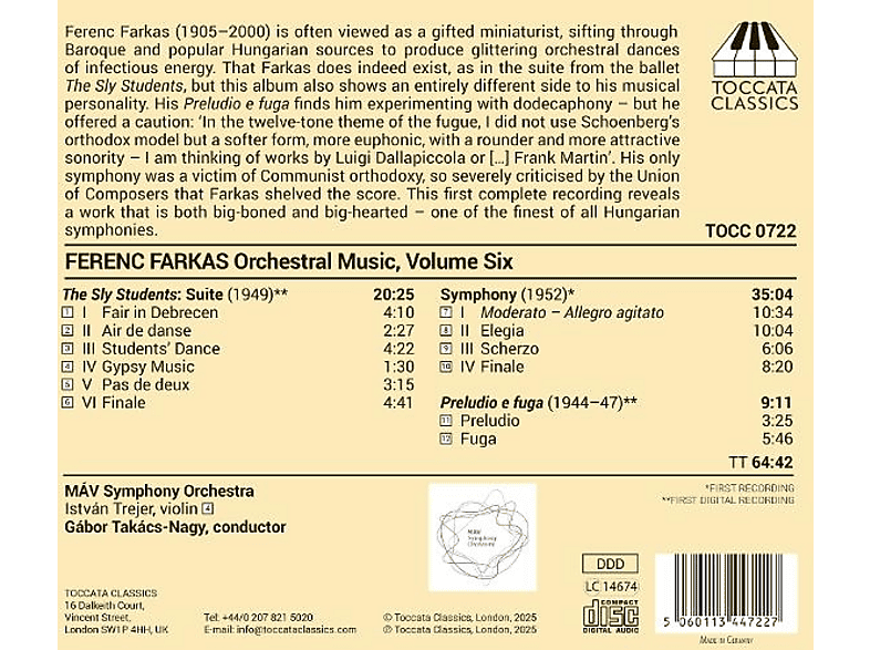 Thumbnail - Mav Symphony Orchestra - Gábor Takács-nagy (dir) István Trejer (violine) Farkas: Orchesterwerke Vol. 6 (CD)
