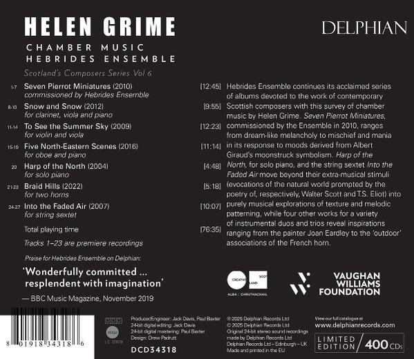 Albumcover: Details zum Album 'Hebrides Ensemble' mit Titelliste und Informationen auf der Rückseite.