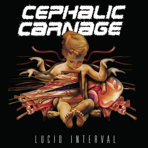 Ein Baby mit einer Illustration eines geteilten Körpers, Herzen und freiliegenden Organen. Text: CEPHALIC CARNAGE.